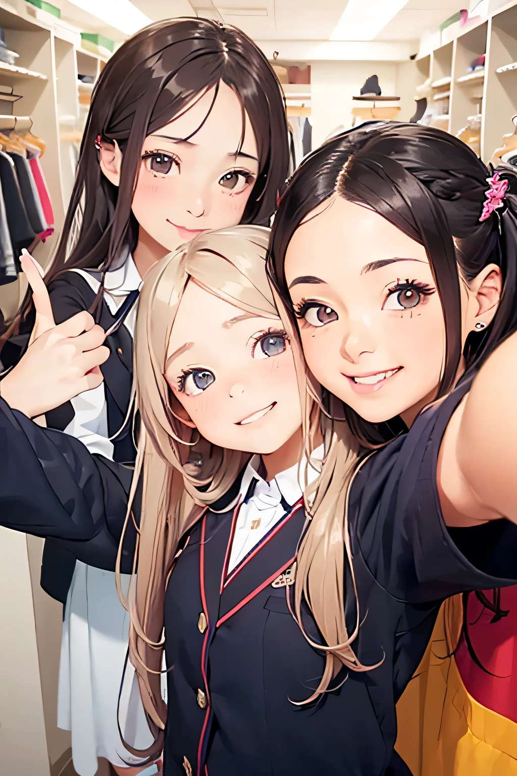 highest quality、High resolution、Detailed Background、(Beautiful face in every detail:1.4)、Anatomically correct、(Hide your fingers:1.3)、(Detailed facial expressions)、(Detailed eyes:1.2)、age beauty、(Highly detailed face:1.4)、Cute hair colour、Braided twin tails、well-groomed eyebrows、Cute JK Uniform、Cute gestures、(Changing clothes in the fitting room)、In a joking manner、A big smile、(Three beautiful girls happily taking a selfie with their friends:1.5)