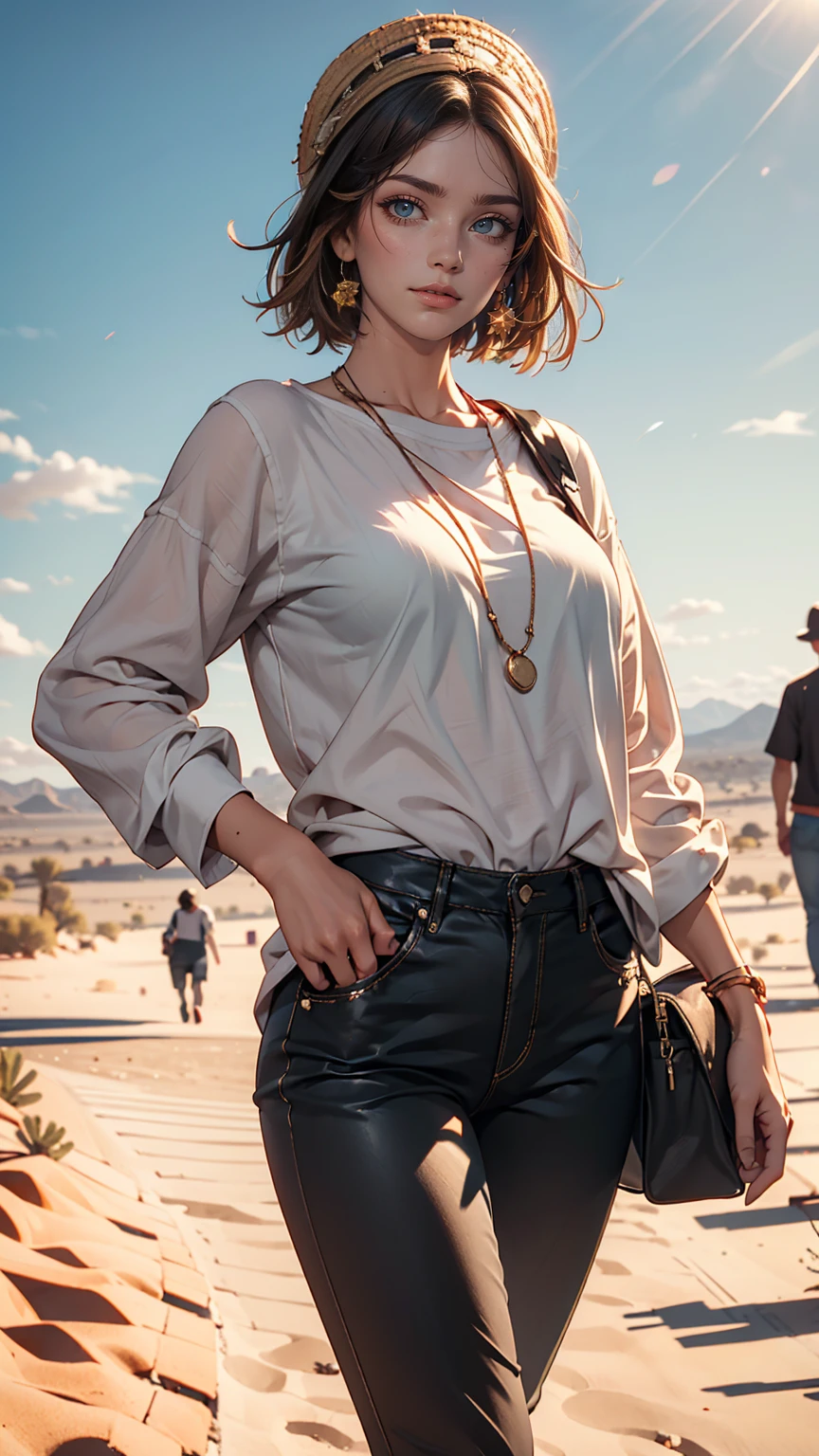 ((highest quality)), ((masterpiece)), ((Realistic)), ((highest quality)), ((masterpiece)), ((Realistic)), Girl Walking In The Desert, Looks tired, Loose clothing, long sleeve shirt and trousers, headgear, sunglasses, so beautiful, Natural and casual style at eye level, Scenic, masterpiece, (High resolution), original, extremely detailed 8K , (photoRealistic:1.4),Perfect Face, Perfect Eyes,Symmetrical body type,smile,