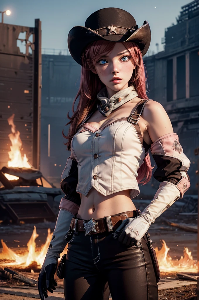 (masterpiece,stunning girlfriend, (standing:1.1), dynamic pose, heart shaped face, elegant face, beautiful face, highly detailed face, highres,  neopolitan, long hair, brown hair, (brown eyes:1.3), pink hair, multicolored hair, pink eyes, two-tone hair, (heterochromia:1.2), split-color hair, BREAK gloves, hat, navel, brown eyes, detached sleeves, midriff, belt, pants, white gloves, black headwear, bowler hat, BREAK outdoors, night, stars, [[moon]], post-apocalypse, dystopian future, inside ruined stadium, broken ground, stream,  (crowd in military uniforms), bonfires, BREAK looking at viewer, (cowboy shot:1.5), BREAK (masterpiece:1.2), best quality, high resolution, unity 8k wallpaper, (illustration:0.8), (beautiful detailed eyes:1.6), extremely detailed face, perfect lighting, extremely detailed CG, (perfect hands, perfect anatomy),