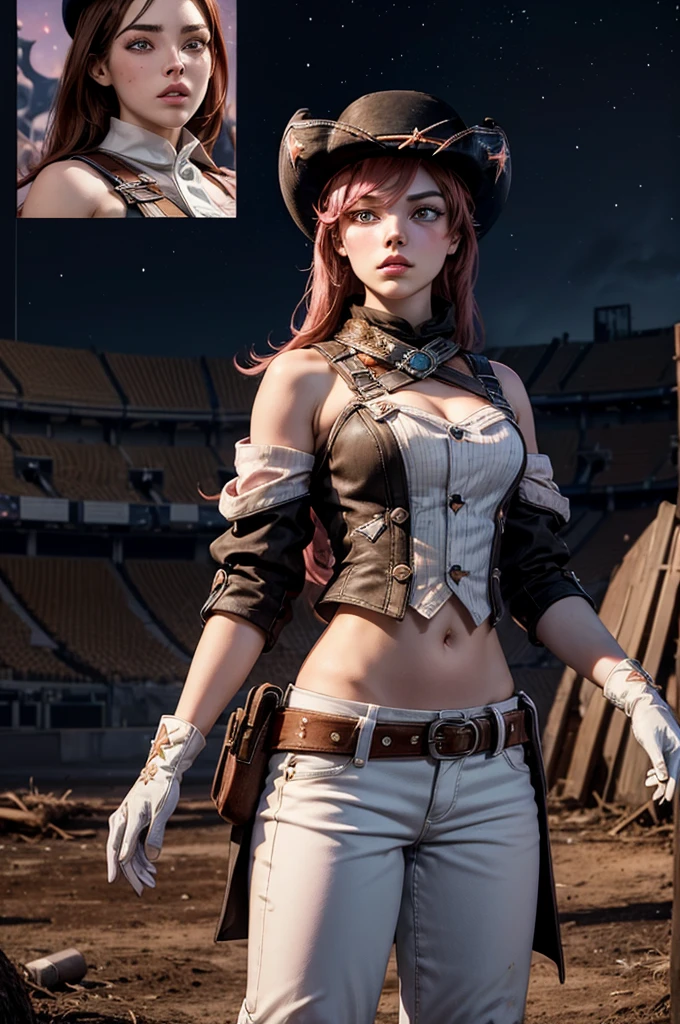 (masterpiece,stunning girlfriend, (standing:1.1), dynamic pose, heart shaped face, elegant face, beautiful face, highly detailed face, highres,  neopolitan, long hair, brown hair, (brown eyes:1.3), pink hair, multicolored hair, pink eyes, two-tone hair, (heterochromia:1.2), split-color hair, BREAK gloves, hat, navel, brown eyes, detached sleeves, midriff, belt, pants, white gloves, black headwear, bowler hat, BREAK outdoors, night, stars, [[moon]], post-apocalypse, dystopian future, inside ruined stadium, broken ground, stream,  (crowd in military uniforms), bonfires, BREAK looking at viewer, (cowboy shot:1.5), BREAK (masterpiece:1.2), best quality, high resolution, unity 8k wallpaper, (illustration:0.8), (beautiful detailed eyes:1.6), extremely detailed face, perfect lighting, extremely detailed CG, (perfect hands, perfect anatomy),