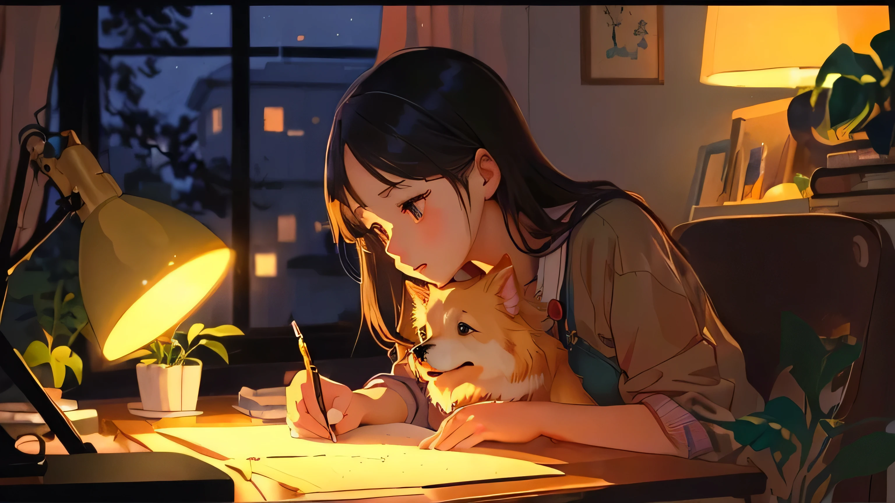anime girl writing at desk with dog in lap, digital anime illustration, cute detailed artwork, realistic art style, lofi artstyle, lofi art, anime illustration, drawing style, cute art style, beautiful drawing style, realistic picture, realistic artstyle, anime style illustration, lofi portrait, illustration style, cute illustration, animation illustrative style, beautiful illustration
