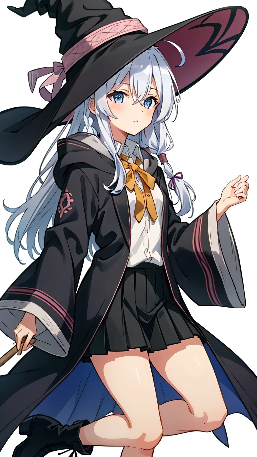 {{{masterpiece}}}, {{{best quality}}}, {{ultra-detailed}}, {illustration}, {{an extremely delicate and beautiful}}, 8k, nsfw, 1girl, elaina (majo no tabitabi), solo, witch, cute face, long hair, white hair, ahoge, hair between eyes, sidelocks, pink bow, single braid, ribbon on braid, yellow hair clip, blue eyes, bare legs, medium breasts, BREAK, white shirt, witch hat, black headwear, black robe, black skirt, yellow ribbon tie, pleated skirt, open clothes, long sleeves, collared shirt, brooch, wide sleeves, hooded robe, miniskirt, open robe, boots, black footwear, Witch Shoes