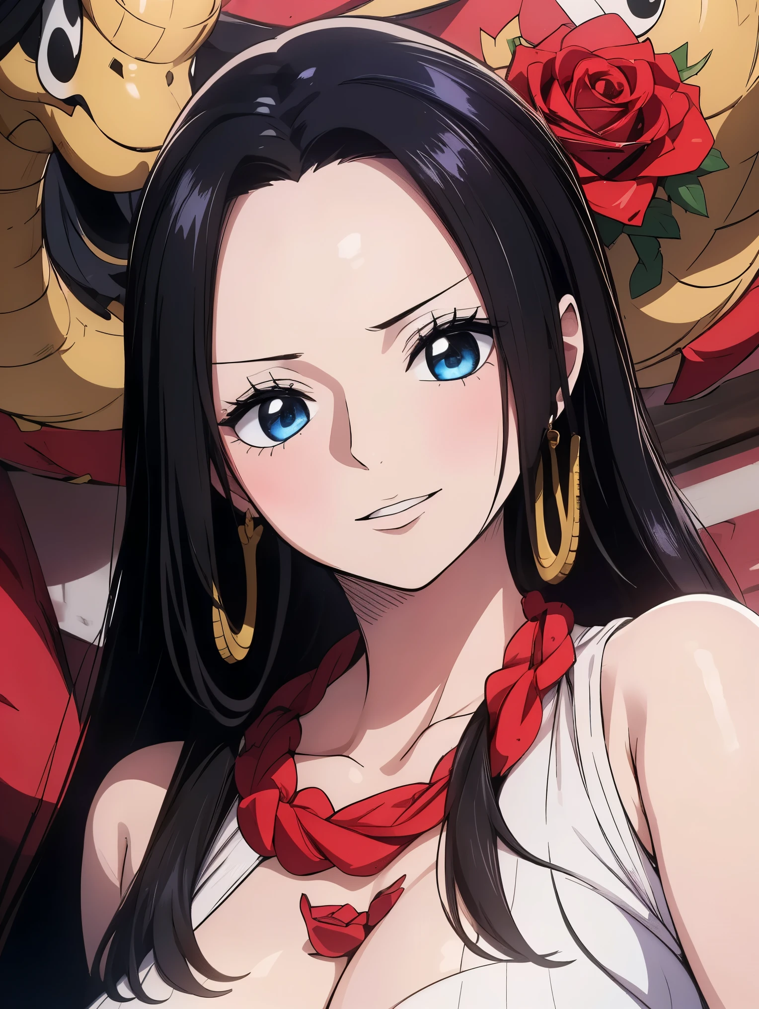 highest quality, masterpiece, Very detailed,One girl, ((Rose)), (vine), cage, bandage, Red rope, (Detail Light), falling Rose petals, Boa Hancock,, (masterpiece:1.5), Detailed Photos, smile,(8k, Realistic, highest quality: 1.4), (One girl), Beautiful Face, (Anime realistic face), (Black Hair, Long Hair: 1.3), Beautiful Hairstyles, Realistic eyes, Beautiful details in the eyes, (Realistic Skin), Beautiful Skin, (sweater), Absurd, Charm, 超High resolution, Ultra-realistic, High resolution, Golden Ratio, Salome, White snake with a skull on its head, Big Snake