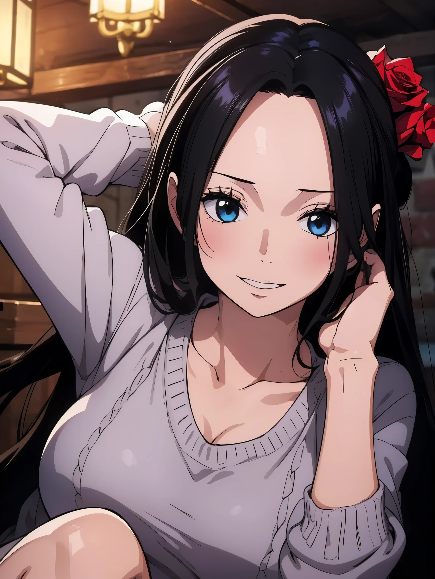 highest quality, masterpiece, Very detailed,One girl,  ((Rose)), (vine), cage, bandage, Red rope, (Detail Light), falling Rose petals, Boa Hancock,, (masterpiece:1.5), Detailed Photos, smile,(8k, Realistic, highest quality: 1.4), (One girl), Beautiful Face, (Anime realistic face), (Black Hair, Long Hair: 1.3), Beautiful Hairstyles, Realistic eyes, Beautiful details in the eyes, (Realistic Skin), Beautiful Skin, (sweater), Absurd, Charm, 超High resolution, Ultra-realistic, High resolution, Golden Ratio, Salome, White snake with a skull on its head, Big Snake