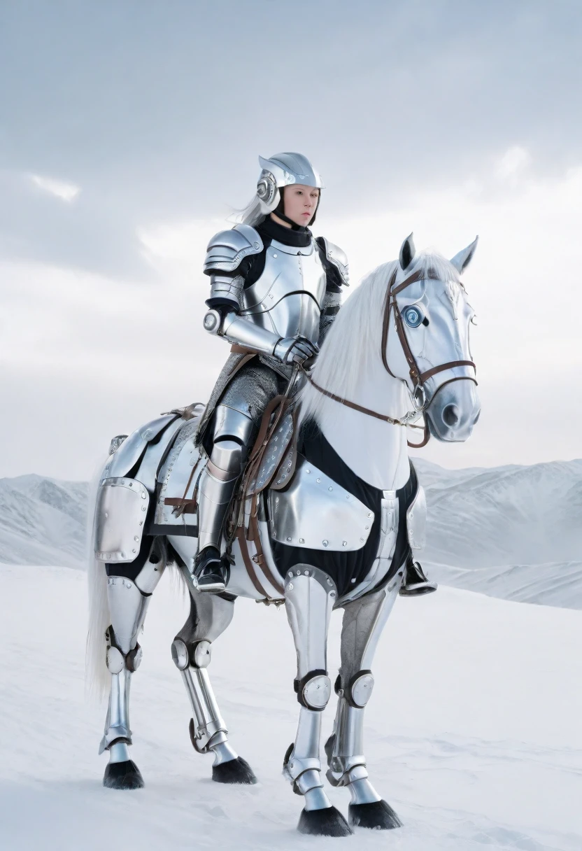 Cyborg knight riding a mechanical horse, wearing futuristic armor, Set in a dystopian landscape under an overcast sky,There is light snowfall. cold environment,Soft tones. Detailed explanation of the mechanization of knight's armor and horses, Showcase advanced technology and complex design. Robot-human fusion and protective gear are evident, Reflecting melancholic moods and dynamic poses. Scenes rendered in high resolution,with detailed textures, Reflective surface, and ambient lighting, Emphasis on science fiction themes and cybernetic enhancements in a realistic style.