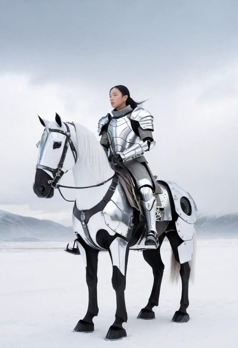 Cyborg knight riding a mechanical horse, wearing futuristic armor, Set in a dystopian landscape under an overcast sky,There is light snowfall. cold environment,Soft tones. Detailed explanation of the mechanization of knight's armor and horses, Showcase advanced technology and complex design. Robot-human fusion and protective gear are evident, Reflecting melancholic moods and dynamic poses. Scenes rendered in high resolution,with detailed textures, Reflective surface, and ambient lighting, Emphasis on science fiction themes and cybernetic enhancements in a realistic style.