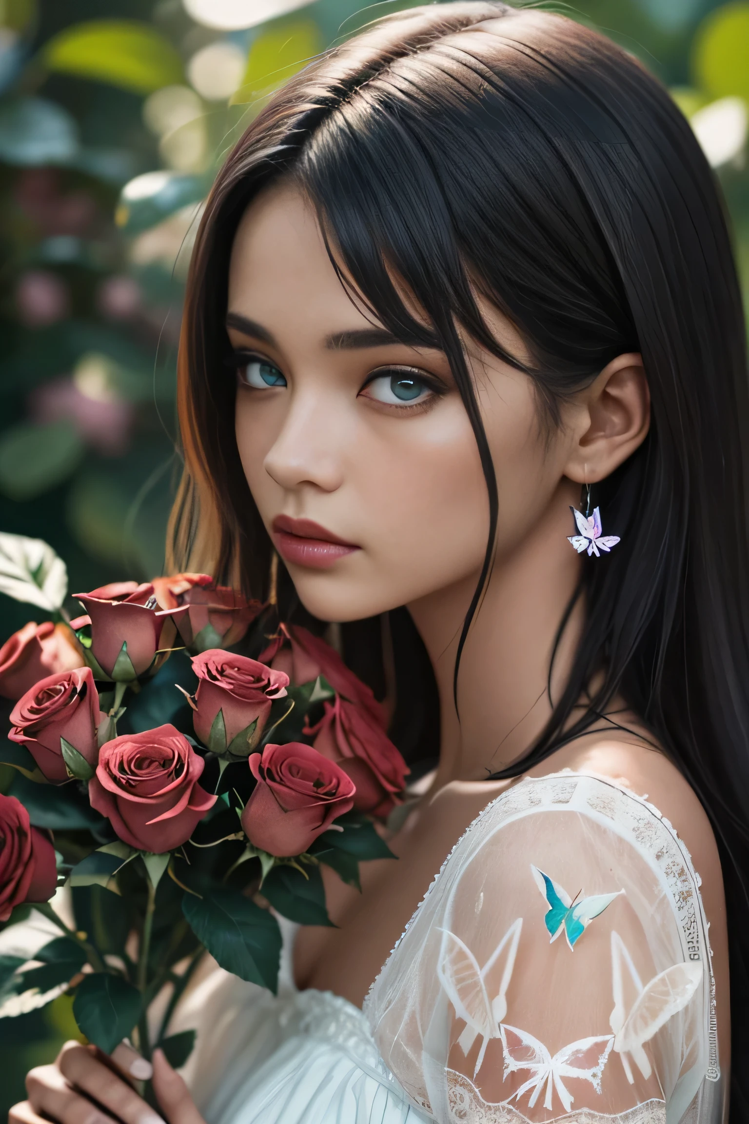An incredibly detailed close-up macro beauty image of a melanin woman model, con las manos sosteniendo un ramo de rosas amarillas, rodeada de mariposas. Taken with a Hasselblad medium format camera with 100mm lens. Unmistakable for a photograph. cinematic lighting. , trend at 500px –ar 4:5 –s 750 –niji 5 –v 5 –q2