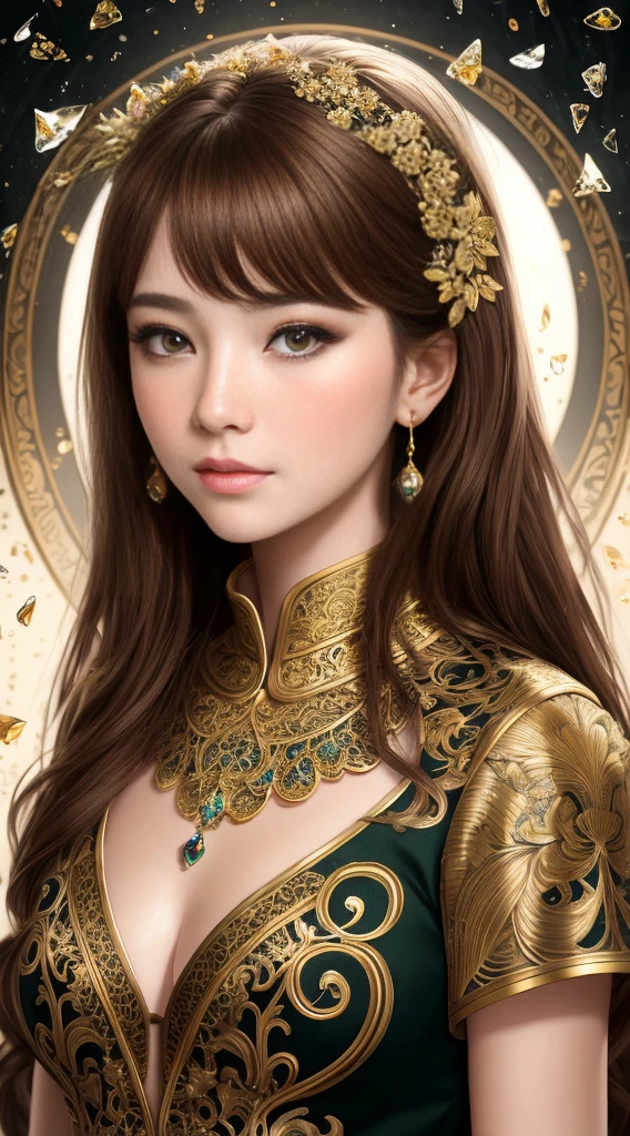 Beautiful 8k portrait of a girl with brown hair,complex,grace,Very detailed,Grandiose,Digital Photography,Artgerm Surrealist painting filigree art with Nguyen Jia and Greg Rutkovsky,shattered glass,(masterpiece,Side seams,Exquisite and beautiful eyes:1.2 ), Human Development Report,