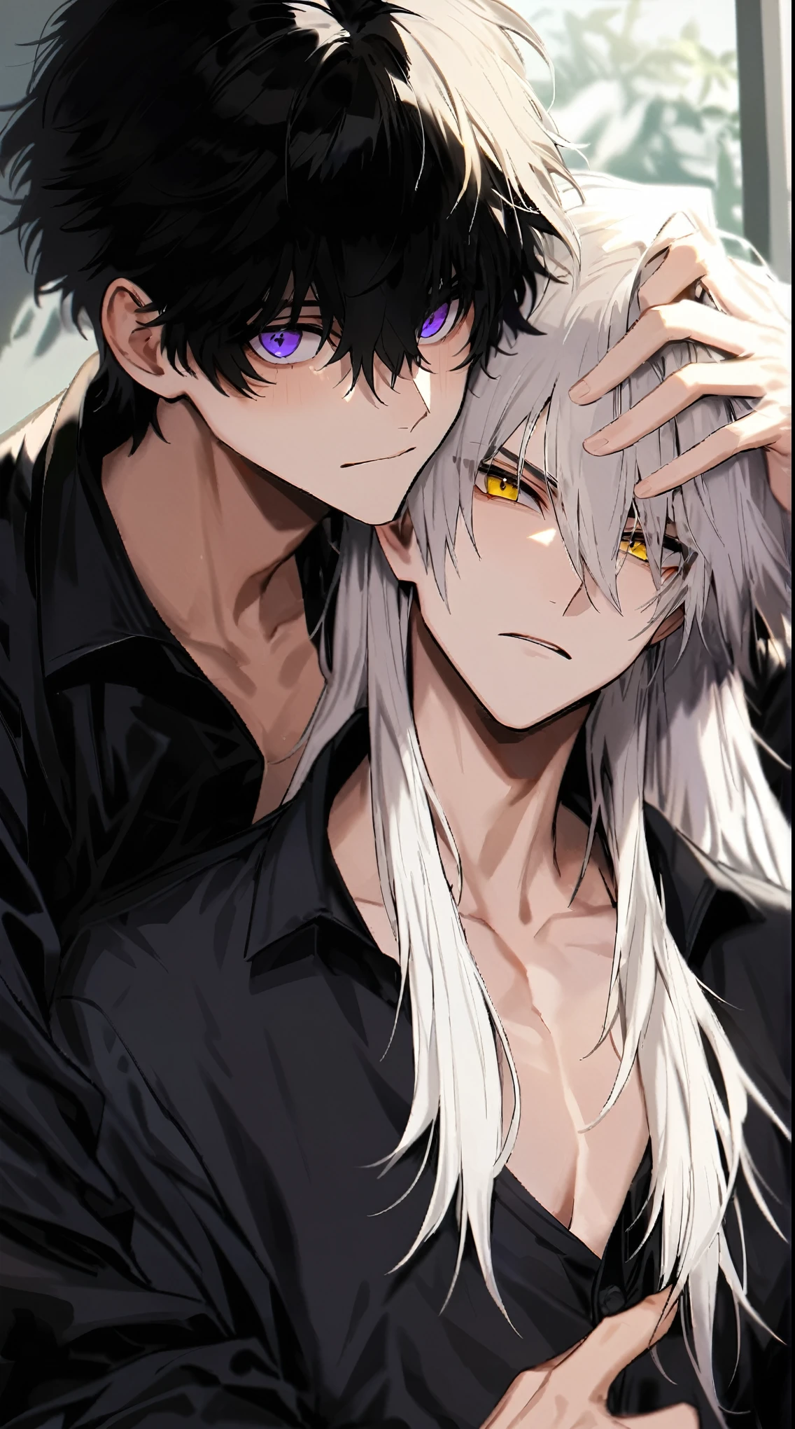 Two beautiful young men, one with short black hair and purple eyes kissing a young man with long white hair and yellow eyes on the cheek, the young man who does not want to be kissed is being choked from behind, front angle, black rough clothing