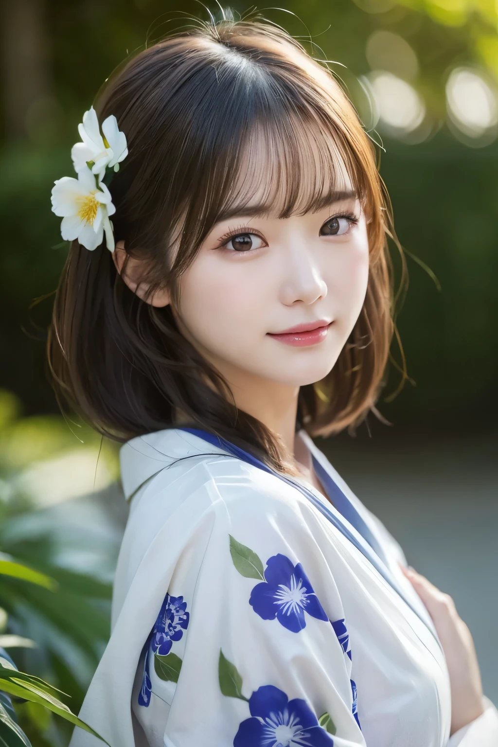 (kimono)、(highest quality、8k、High resolution、masterpiece:1.2)、Very detailed、(Realistic、photoRealistic、photo-Realistic:1.37)、Bokeh、Portraiture、No makeup、smile、(Beautiful and detailed eyes、Young face、Detailed face)、Depth of written boundary、chromatic aberration、Use natural light and color、Wide range of lighting、Natural Shading、Caustics、A little backlight