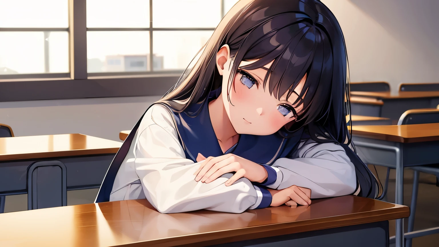 1 girl, wearing white shirt and black skirt, big , laying down on floor, crying loudly, open mouth, sad facial expression, black hair, long hair, face to detail, detailed eyes, full-body illustration, perfect hands
