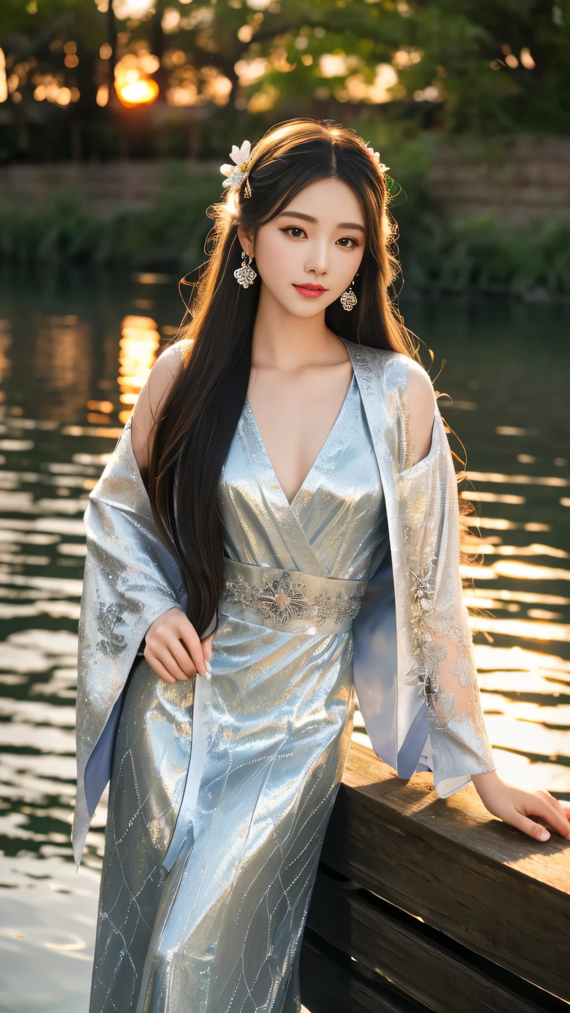 8K, UHD, masterpeiece,best quality, 1 girl, detailed face, detailed eyes, very long hair, long straight hair, small breasts, very detailed dress, kimono costume, silver costume, ((silver lace)), sardine, flowing sardine, jwellery, earring, ornaments, flower, evening, lake, water, sunset, depth of field, glowing light, god rays, reflection light, bloom, looking at viewer,