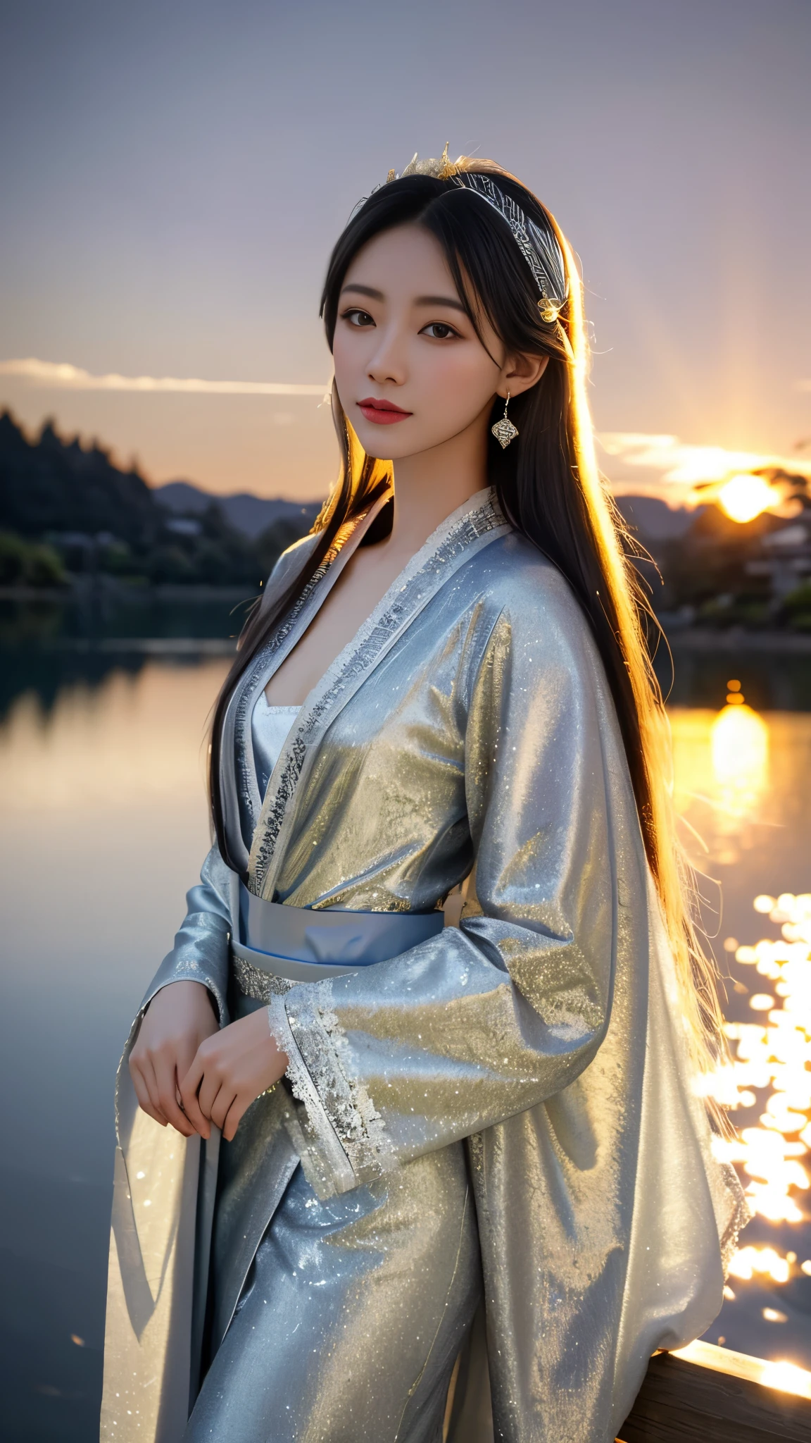 8K, UHD, masterpeiece,best quality, 1 girl, detailed face, detailed eyes, very long hair, long straight hair, small breasts, very detailed dress, kimono costume, silver costume, ((silver lace)), sardine, flowing sardine, jwellery, earring, ornaments, flower, evening, lake, water, sunset, depth of field, glowing light, god rays, reflection light, bloom, looking at viewer,