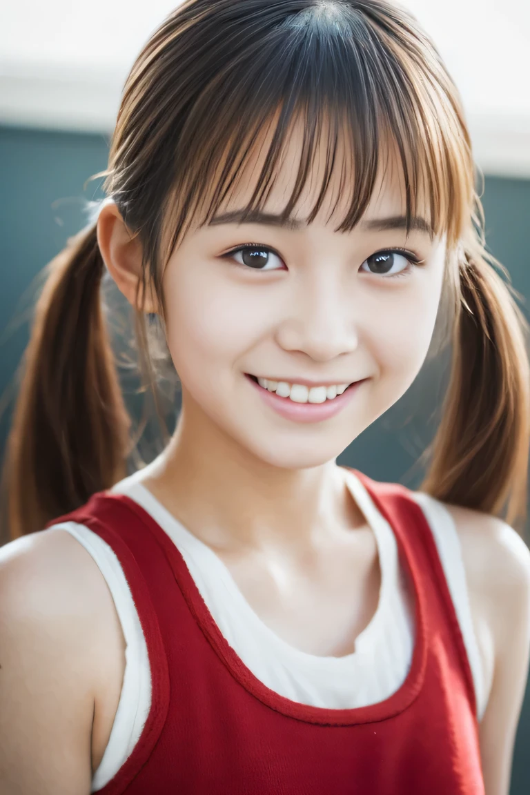 Lens 135mm f1.8, (highest quality),(RAW photo), , (Beautiful 16 year old Japanese girl), cute face, (deeply carved face:0.7), (freckles:0.6), ,dramatic , (japanese school (croptop) flesh red tanktop), (inside the school), shy, low twintails, , (smile),, (sparkling eyes)、