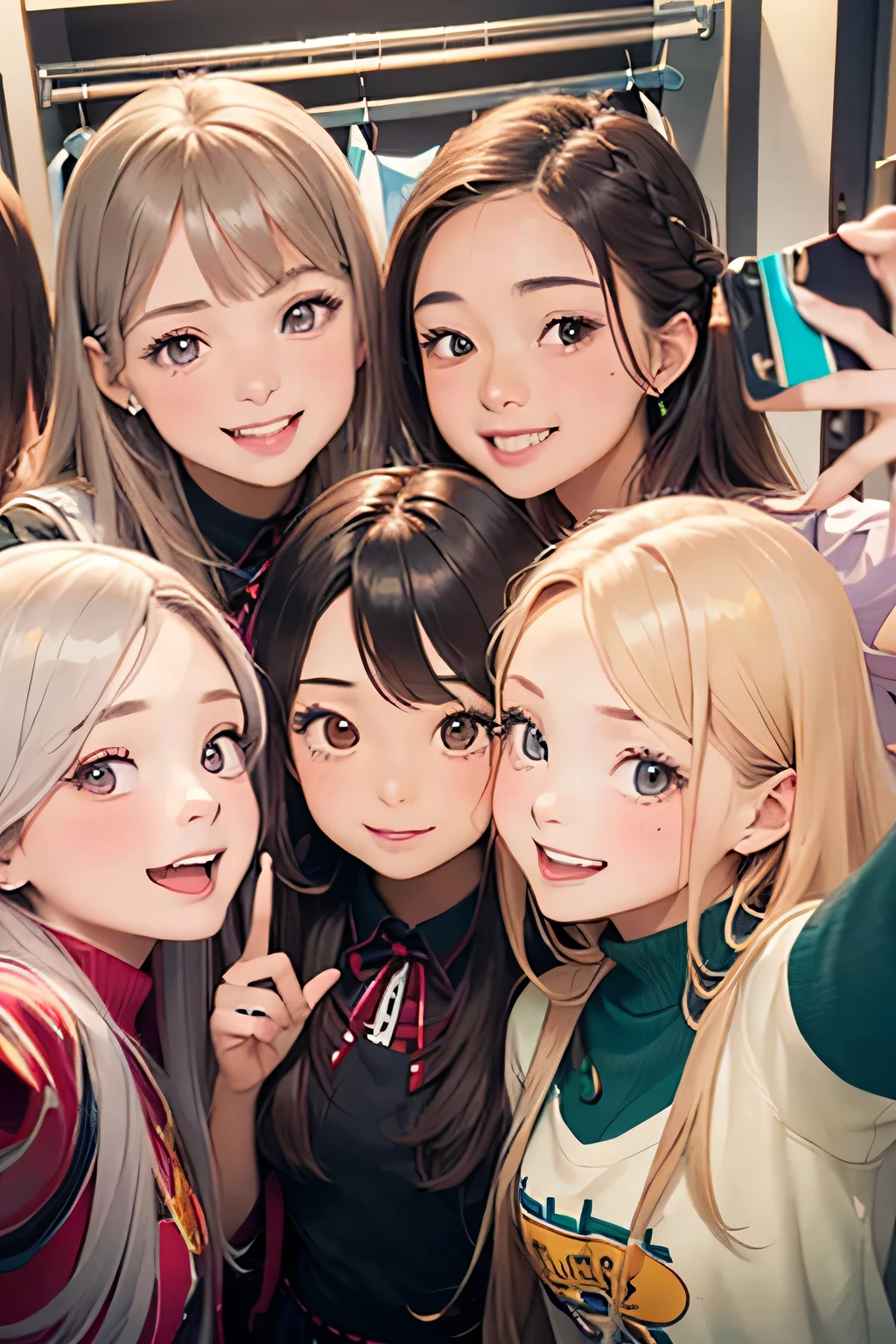 highest quality、High resolution、Detailed Background、(Beautiful face in every detail:1.4)、Anatomically correct、(Hide your fingers:1.3)、(Detailed facial expressions)、(Detailed eyes:1.2)、Teenage beauty、(Highly detailed face:1.4)、Cute hair colour、Braided twin tails、well-groomed eyebrows、Cute JK Uniform、Cute gestures、(Changing clothes in the fitting room)、In a joking manner、A big smile、(Three beautiful girls happily taking a selfie with their friends:1.5)