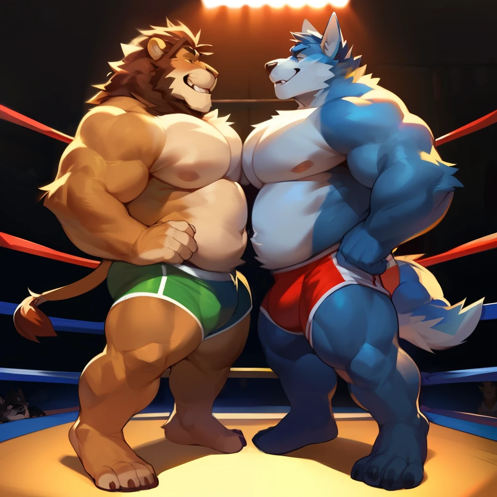 Duel, male, muscular, giant, staredown, enormous, buff, strong, massive biceps, massive pecs, Wolf vs Lion, wearing boxers, massive bulges, dad bods, Intrnse rivalry, by darkgem, by mystikfox61, by glitter trap boy, wrestling ring