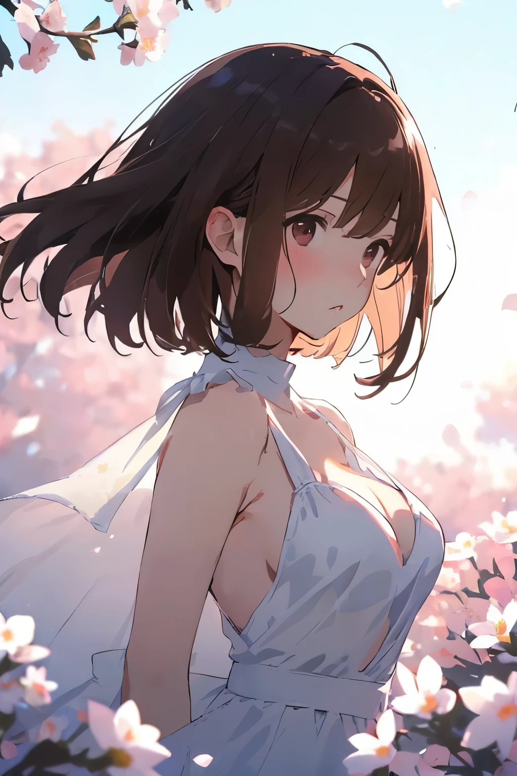 best quality, masterpiece, solo, 1 Female、Age 25、Larger breasts、(Cleavage)、(Slender figure)、sheer white dress、From the side、Poses that emphasize the chest、(White highlight in pupil:1.2)、Dark reddish brown eyes、(Black-haired:1.2)、(Medium Hair)、(View your viewers:1.2)、White skin、(blush)、(Embarrassed look)、(I blur the background a lot to make the woman stand out.:1.3)、(The sunlight shines in)、Half backlight、(Beautiful flowers in the background)、The wind is blowing