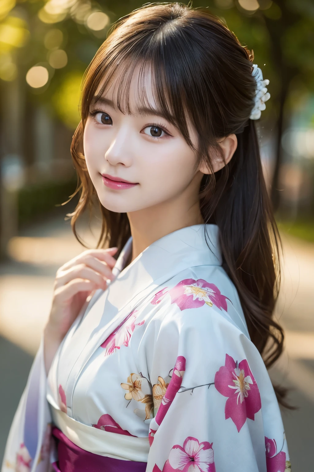 (kimono)、(highest quality、8k、High resolution、masterpiece:1.3)、Very detailed、(Realistic、photoRealistic、photo-Realistic:1.37)、Bokeh、Portraiture、No makeup、smile、(Beautiful and detailed eyes、Childish face、Detailed face)、Depth of written boundary、chromatic aberration、Use natural light and color、Wide range of lighting、Natural Shading、Caustics、A little backlight