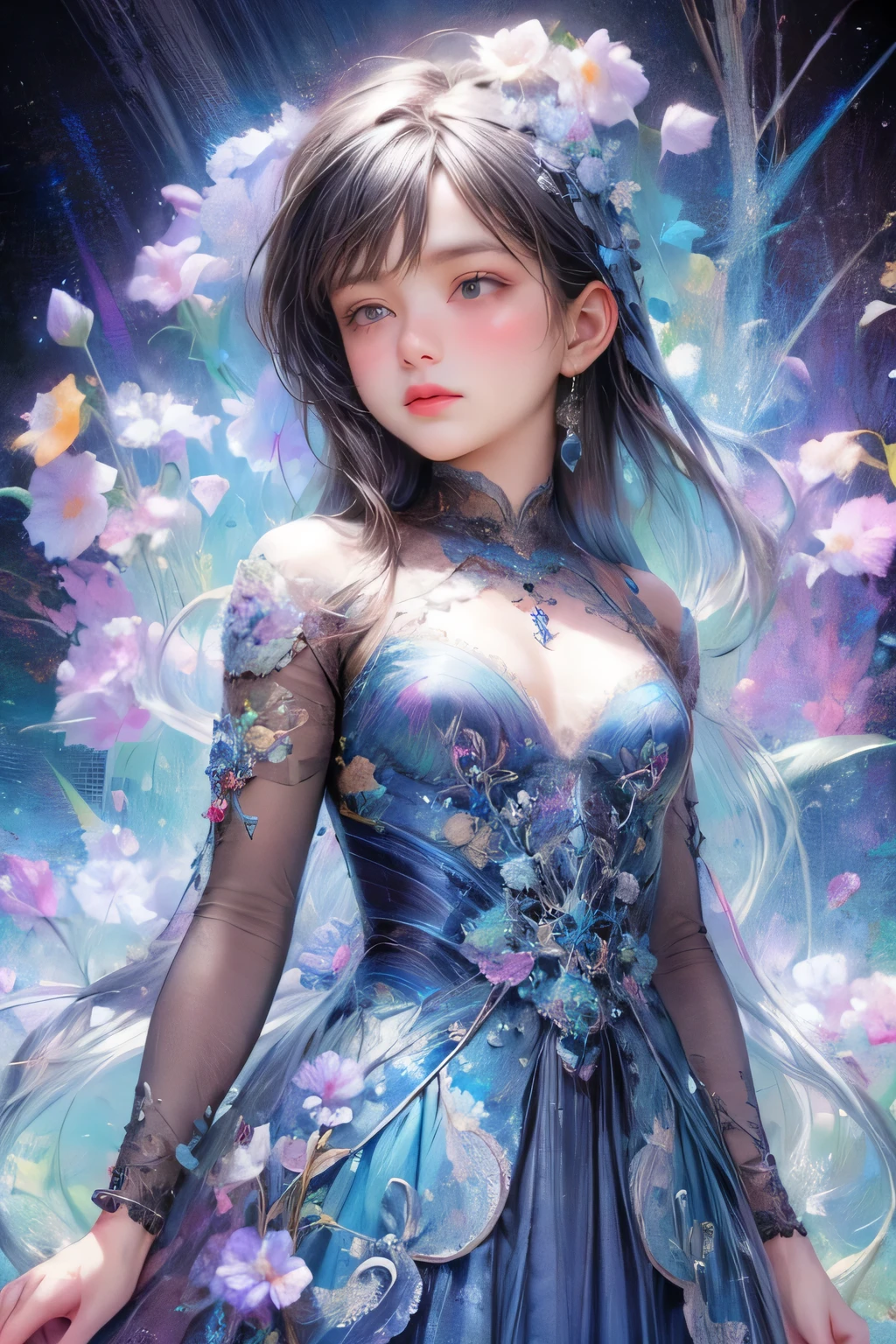 best quality, incredibly absurdres, extremely detailed, 2.5D, delicate and dynamic, beautiful woman, intelligent cool beauty, captivating look, tight up hair, wearing iridescent gradient sleeved cheongsam features intricate and luxurious embroidery, shiny satin fabric, accessories, superlative body proportion, gorgeous and gorgeous effects, background aristocratic social setting