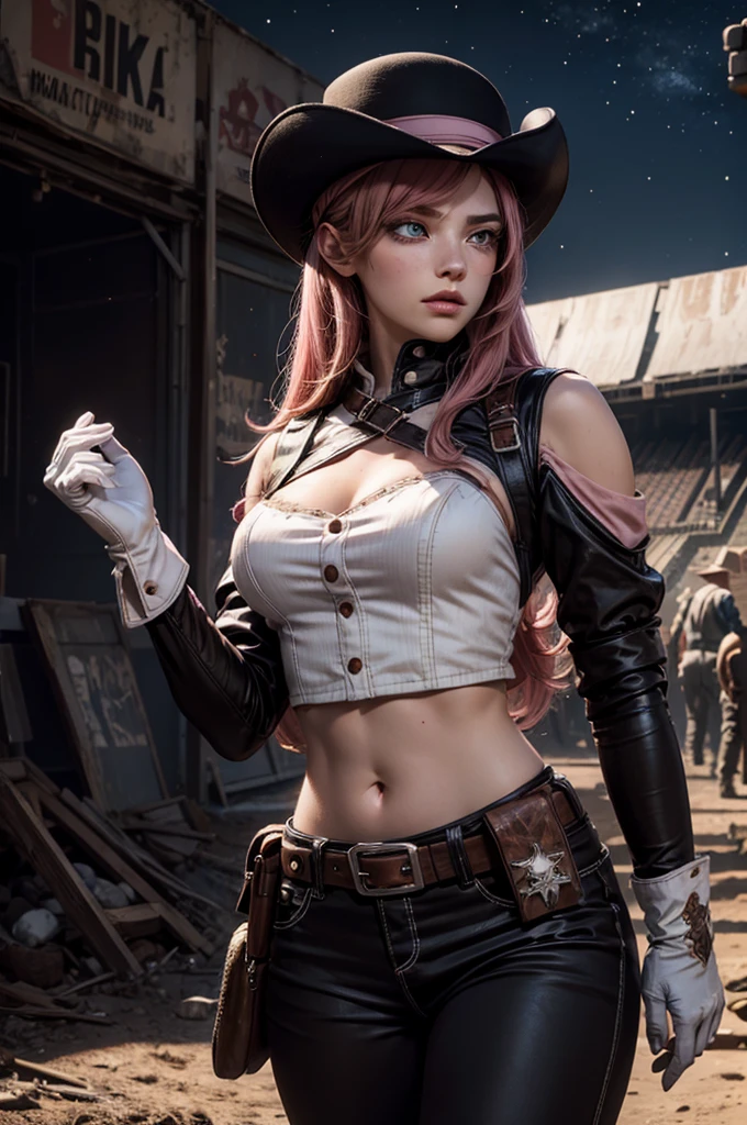 neopolitan, neopolitan, long hair, brown hair, (brown eyes:1.3), pink hair, multicolored hair, pink eyes, two-tone hair, (heterochromia:1.2), split-color hair, BREAK gloves, hat, navel, brown eyes, detached sleeves, midriff, belt, pants, white gloves, black headwear, bowler hat, BREAK outdoors, night, stars, [[moon]], post-apocalypse, dystopian future, inside ruined stadium, broken ground, river,  (crowd in military uniforms), bonfires, BREAK looking at viewer, (cowboy shot:1.5), BREAK (masterpiece:1.2), best quality, high resolution, unity 8k wallpaper, (illustration:0.8), (beautiful detailed eyes:1.6), extremely detailed face, perfect lighting, extremely detailed CG, (perfect hands, perfect anatomy),