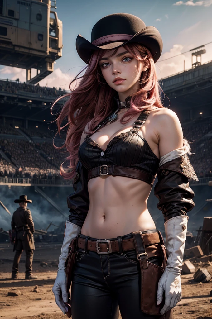 neopolitan, neopolitan, long hair, brown hair, (brown eyes:1.3), pink hair, multicolored hair, pink eyes, two-tone hair, (heterochromia:1.2), split-color hair, BREAK gloves, hat, navel, brown eyes, detached sleeves, midriff, belt, pants, white gloves, black headwear, bowler hat, BREAK outdoors, night, stars, [[moon]], post-apocalypse, dystopian future, inside ruined stadium, broken ground, river,  (crowd in military uniforms), bonfires, BREAK looking at viewer, (cowboy shot:1.5), BREAK (masterpiece:1.2), best quality, high resolution, unity 8k wallpaper, (illustration:0.8), (beautiful detailed eyes:1.6), extremely detailed face, perfect lighting, extremely detailed CG, (perfect hands, perfect anatomy),