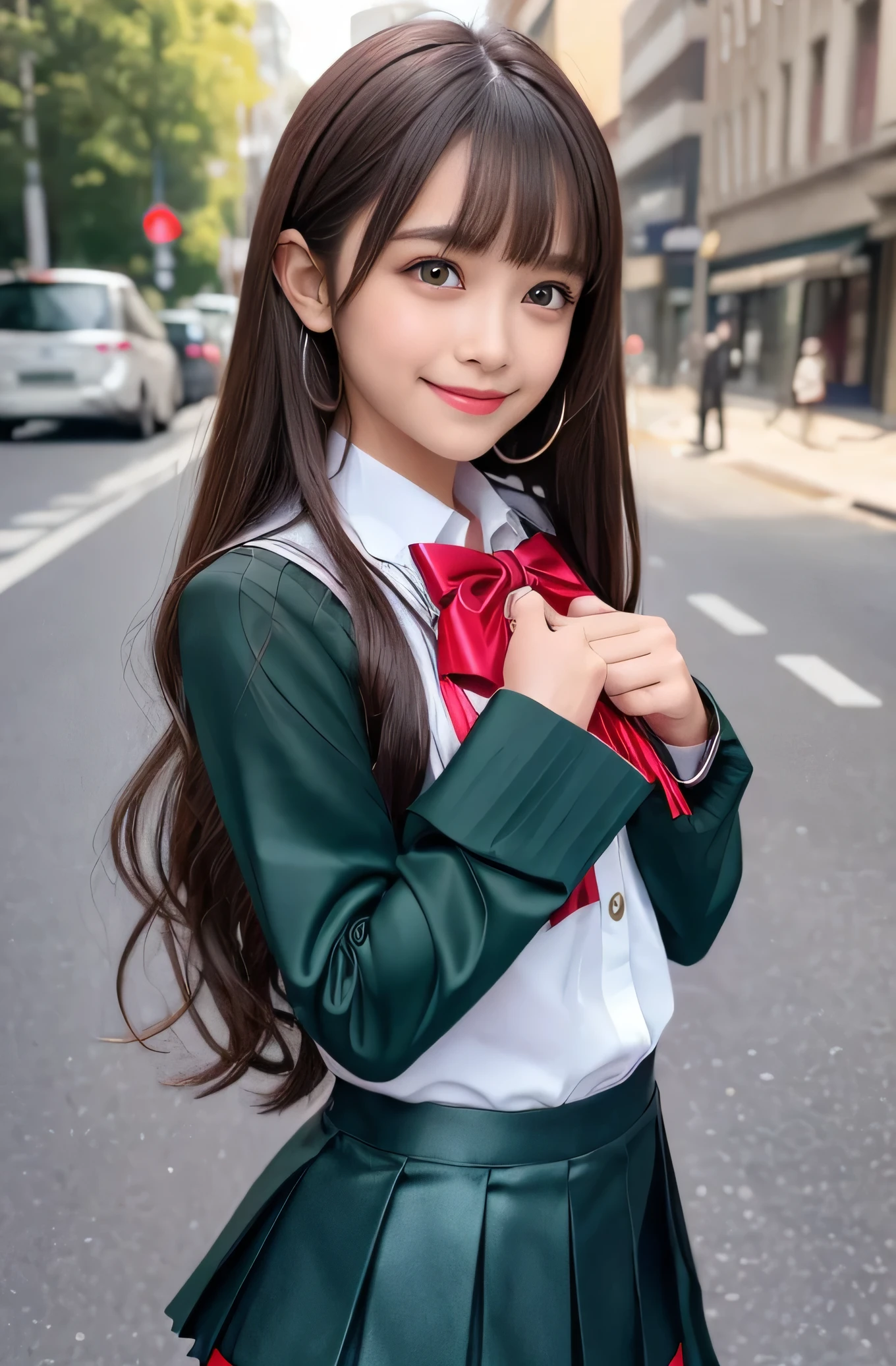 Angelic Very pretty cute young girl, 
very beautiful girl,
(V-line jaw),
Beautiful detailed brown eyes, (clear-eyed:1.2),
small straight nose,small mouth,
Detailed double eyelids, 
(Large eyes:1.3), 
Long straight brown hair, 
see-through bangs, 
beautiful detailed face and eyes, 
smiling, in the street,
BREAK   
(super shiny metallic dark red  blazer:1.3),metallic pearl white school blouse,(shiny metallic bright red neck bow tie:1.2),(super shiny metallic dark green pleat skirt :1.5),(school uniform with super reflective surfaces:1.5),

(Very beautiful cute girl:1.2), 
Very pretty cute young girl, 
V-line jaw,
Beautiful detailed eyes, 
very beautiful girl,
Detailed double eyelids, 
(Large eyes:1.3), 
Long straight brown hair, 
see-through bangs, 
beautiful detailed face and eyes, 
smiling, 
break  
(Very beautiful cute girl, Beautiful detailed eyes, Detailed double eyelids:1.3), 
(Soft Saturation: 1.3), 
(Fair skin: 1.4), 
(Large eyes:1.4), 
break  
Very beautiful cute girl, 
Sharp Focus, 
brown hair, 
Very beautiful cute girl, 
Raw photo, 
High resolution, 
perfect detail, 
Professional Photography, Professional Lighting, 
strong lighting,
break 
(smile:1.6),(5 yo:1.3)