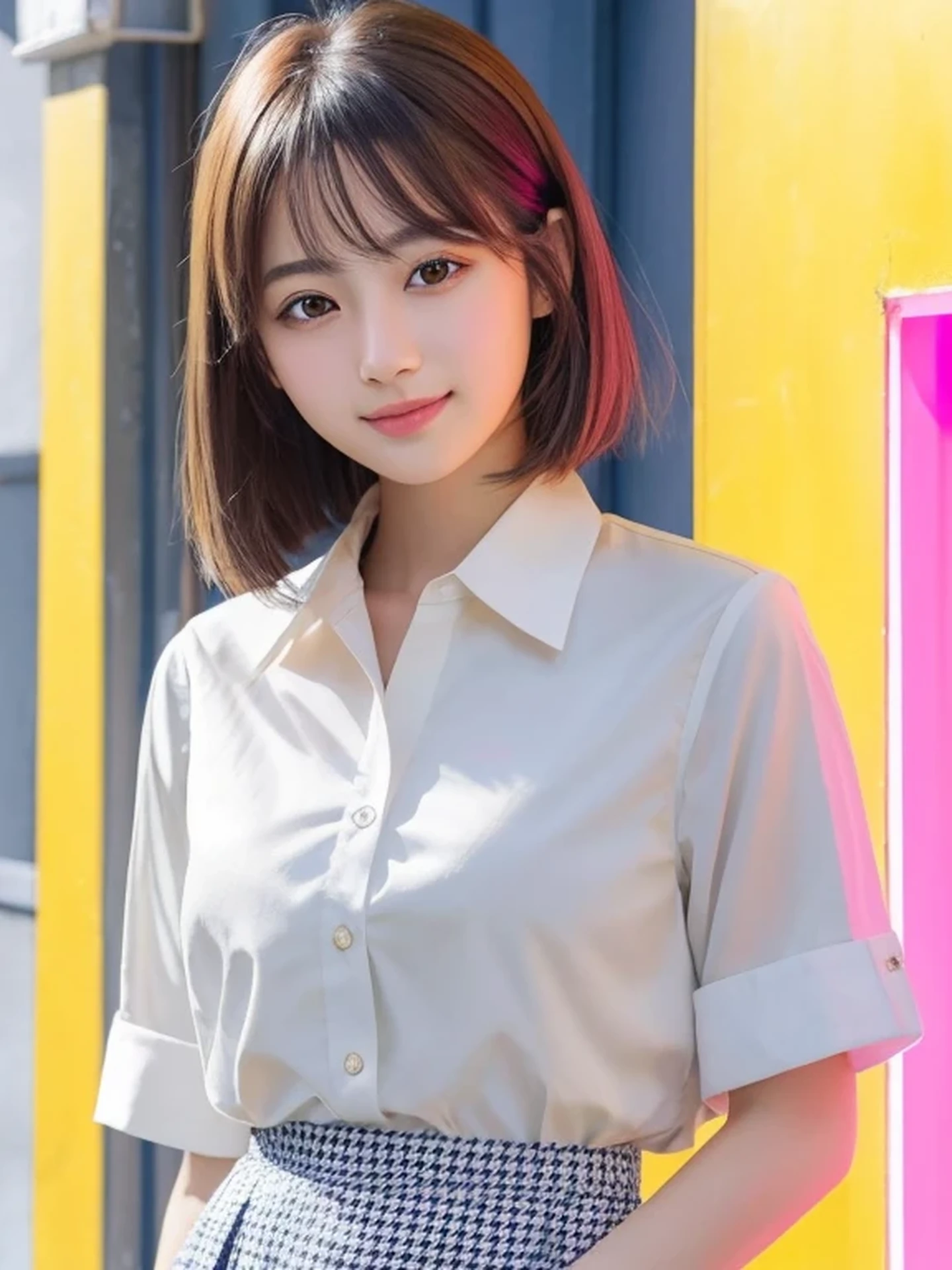 Beautiful Japanese Woman, Soft skin and a nice perfect face, A small face with a nose and rosy lips, Beautiful Eyes, Beautiful smile. black, Surrounded by a bright, ethereal glow、Thin, long, beautiful hair. A loose, short hairstyle with gradation highlights and layers of greyish beige, Navy band collar shirt x yellow houndstooth flare skirt, Bright neon colorful background, Hyperrealistic female photos, High quality high resolution 8K masterpiece