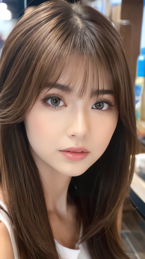 Best quality, 8k, ,Masterpiece :1.3)), facing viewer,((full body1.2)) ,pretty woman, wide shot ,1girl, , selfie , , Hair salon, brown hair , bangs,ultra-detailed face, highly detailed lips, detailed eyes, double eyelid