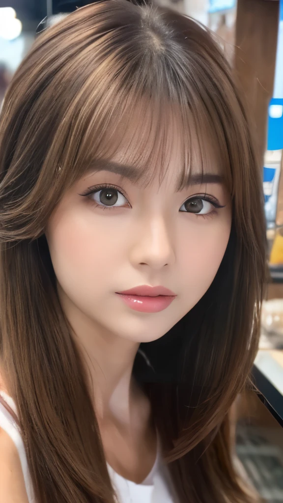 Best quality, 8k, ,Masterpiece :1.3)), facing viewer,((full body1.2)) ,pretty woman, wide shot ,1girl, , selfie , , Hair salon, brown hair , bangs,ultra-detailed face, highly detailed lips, detailed eyes, double eyelid
