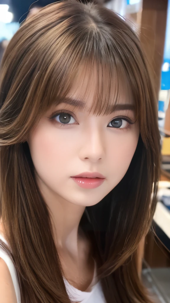 Best quality, 8k, ,Masterpiece :1.3)), facing viewer,((full body1.2)) ,pretty woman, wide shot ,1girl, , selfie , , Hair salon, brown hair , bangs,ultra-detailed face, highly detailed lips, detailed eyes, double eyelid
