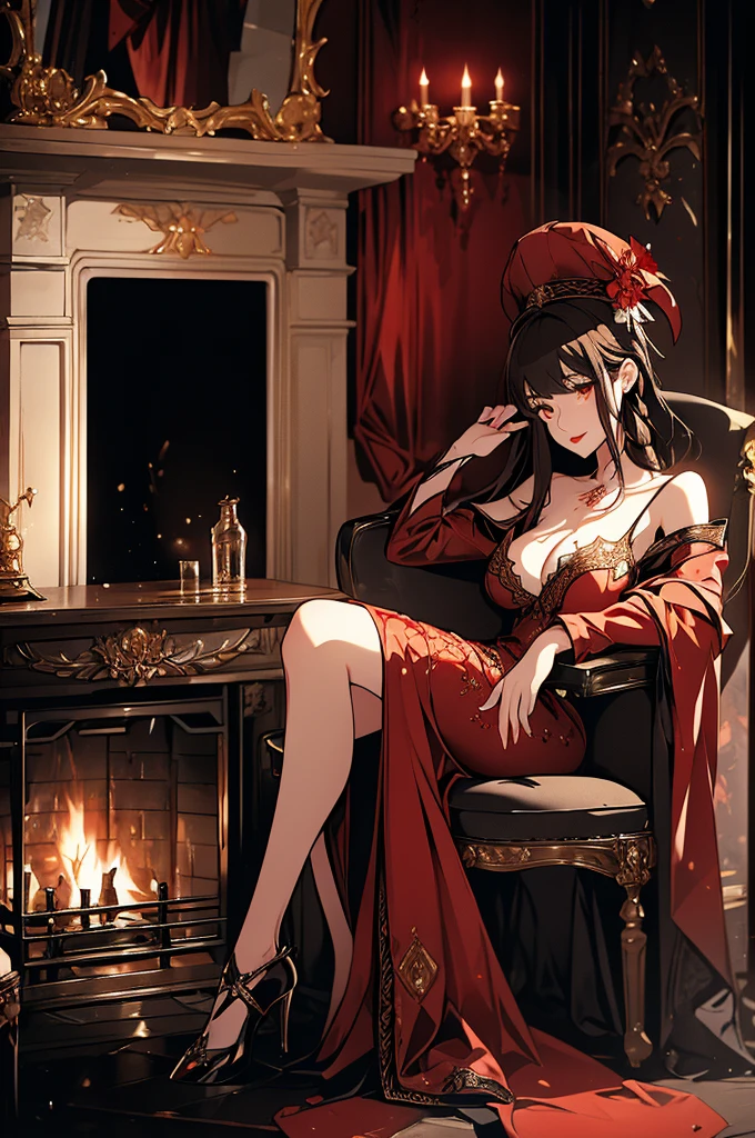 One woman、witch、((Luxurious room with fireplace))chandelier、((Crimson long dress))、Big feathered hat、Tall、Garter Stockings、Black underwear、(Sucking kissel)Fat body type ((Full body tattoos))((Highest quality))(Clear images)(Sit in a luxurious chair)Glasses、Long leather gloves、Curly Hair((Dark look))