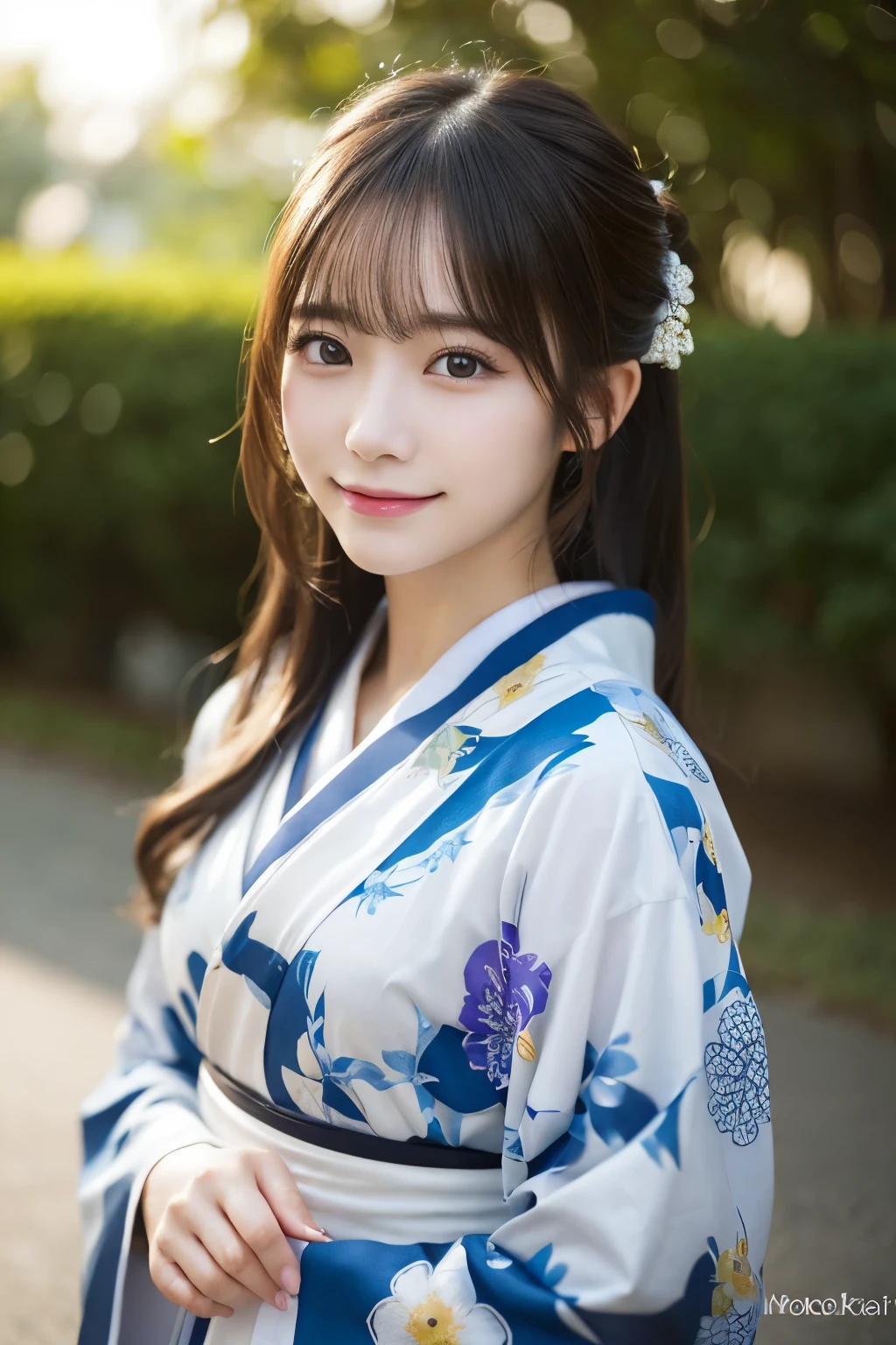 (kimono)、(highest quality、8k、High resolution、masterpiece:1.2)、Very detailed、(Realistic、photoRealistic、photo-Realistic:1.3)、Bokeh、Portraiture、smile、(Beautiful and detailed eyes、Young face、Detailed face、No makeup)、A little backlight、Depth of written boundary、chromatic aberration、Use natural light and color、Wide range of lighting、Natural Shading、Caustics