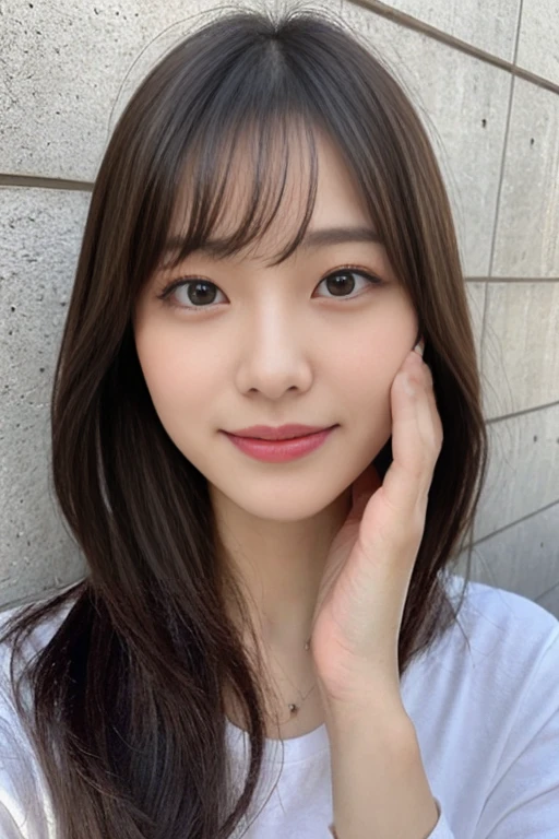 ((No makeup))、(Realistic、Photorealistic、Ultra-detailed、Highest Detail Skin、highest quality、masterpiece、超A high resolution)、Cute Japanese Woman、、high school girl、Young girl、One Girl、Has bangs、double eyelid、drooping eyes、Big black eyes、Charm、purity、Cute Smile、Natural smile、Have a look at this、Looking at the camera、Realistic skin types、Fluffy hair、Red cheeks、The wind is blowing、In front of the concrete wall of the beauty salon、Medium Bob Cut、Trending clothes for 2024