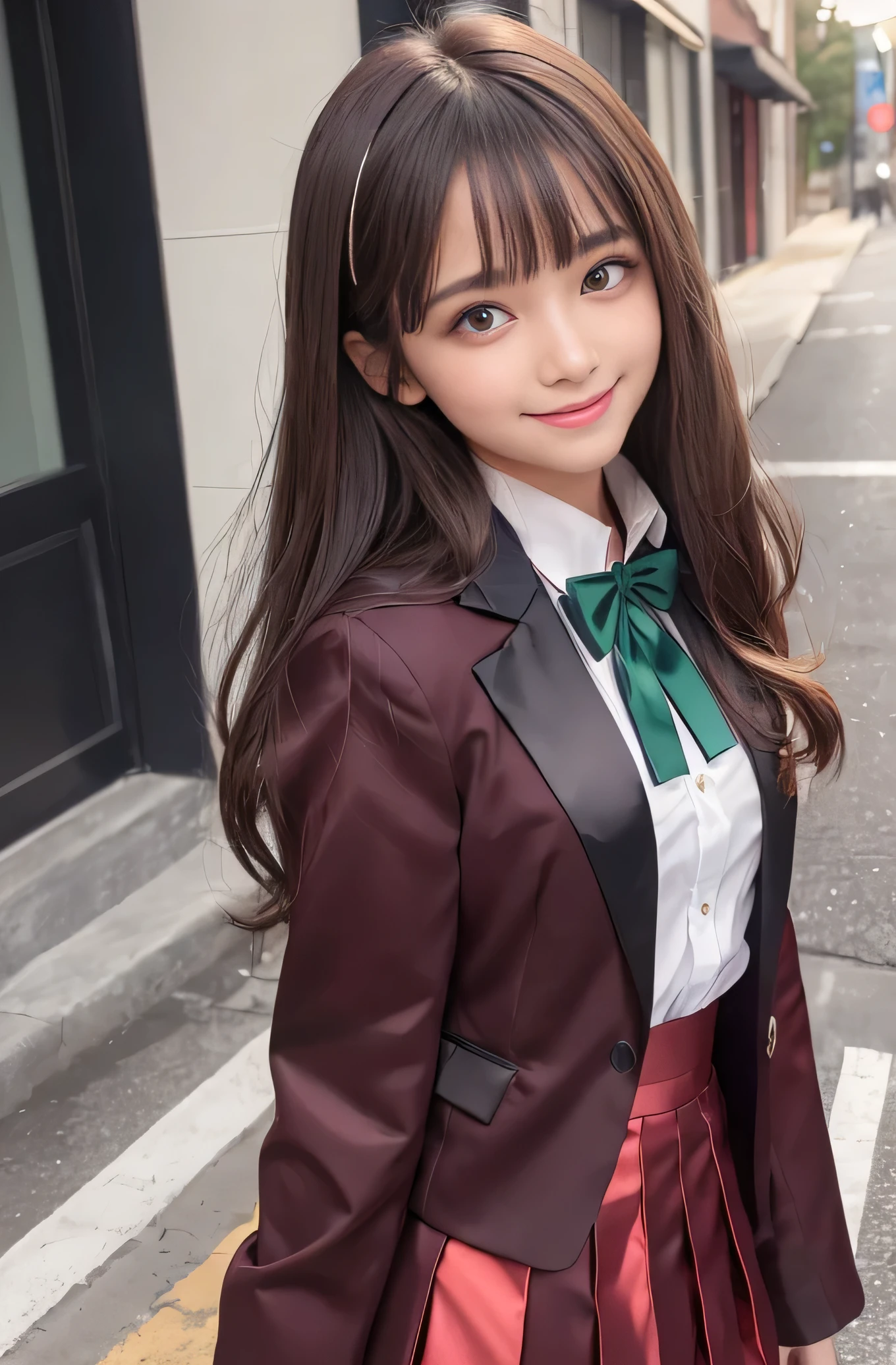 Angelic Very pretty cute young girl, 
very beautiful girl,
(V-line jaw),
Beautiful detailed brown eyes, (clear-eyed:1.2),
small straight nose,small mouth,
Detailed double eyelids, 
(Large eyes:1.3), 
Long straight brown hair, 
see-through bangs, 
beautiful detailed face and eyes, 
smiling, in the street,
BREAK   
(super shiny metallic dark red  blazer:1.3),metallic pearl white school blouse,(shiny metallic bright red neck bow tie:1.2),(super shiny metallic dark green pleat skirt :1.5),(school uniform with super reflective surfaces:1.5),

(Very beautiful cute girl:1.2), 
Very pretty cute young girl, 
V-line jaw,
Beautiful detailed eyes, 
very beautiful girl,
Detailed double eyelids, 
(Large eyes:1.3), 
Long straight brown hair, 
see-through bangs, 
beautiful detailed face and eyes, 
smiling, 
break  
(Very beautiful cute girl, Beautiful detailed eyes, Detailed double eyelids:1.3), 
(Soft Saturation: 1.3), 
(Fair skin: 1.4), 
(Large eyes:1.4), 
break  
Very beautiful cute girl, 
Sharp Focus, 
brown hair, 
Very beautiful cute girl, 
Raw photo, 
High resolution, 
perfect detail, 
Professional Photography, Professional Lighting, 
strong lighting,
break 
(smile:1.6),(5 yo:1.3)