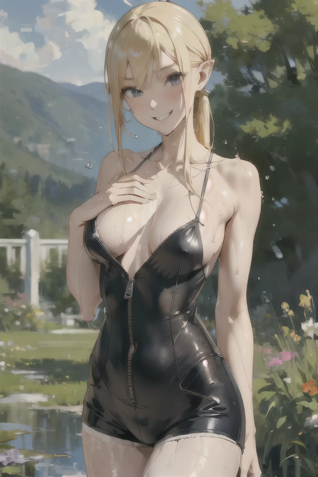 Girl Doll,Solitary,rest,The zipper is not closed,Blonde,elegant,Pointed ears,whole body,Chinese element pattern,thigh,Leaking thigh,full,camisole,short denim shorts,stocking,leggings,(Brushstrokes,Impressionism,painting,Rich scenery),Disheveled,Chest contour,(((Wet clothing))),(((Ultra-thin clothing))),((Flesh outline)),Grinning