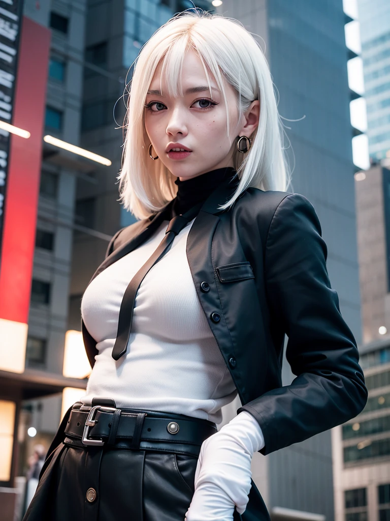1 Girl, Close-up shot, (white hair, Medium Length Hair, Large Breasts, Red Eyes), Perfect anatomical structure, City, Cyberpunk style, ((White shirt, black jacket, Black skirt, Umbilical cord, belt, Black gloves, tie, watch, earrings, Transparent black)), ((Holding a gun)), war, 废墟City, battlefield, rubble, architecture,cigarette