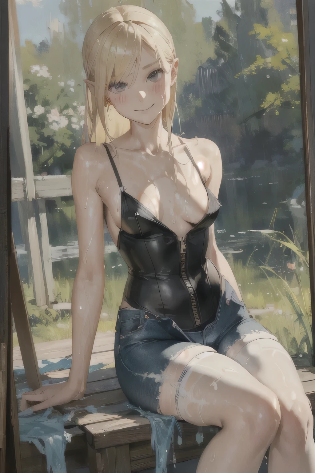 Girl Doll,Solitary,rest,The zipper is not closed,Blonde,elegant,Pointed ears,whole body,Chinese element pattern,thigh,Leaking thigh,full,camisole,short denim shorts,stocking,leggings,(Brushstrokes,Impressionism,painting,Rich scenery),Disheveled,Chest contour,(((Wet clothing))),(((Ultra-thin clothing))),((Flesh outline)),Grinning