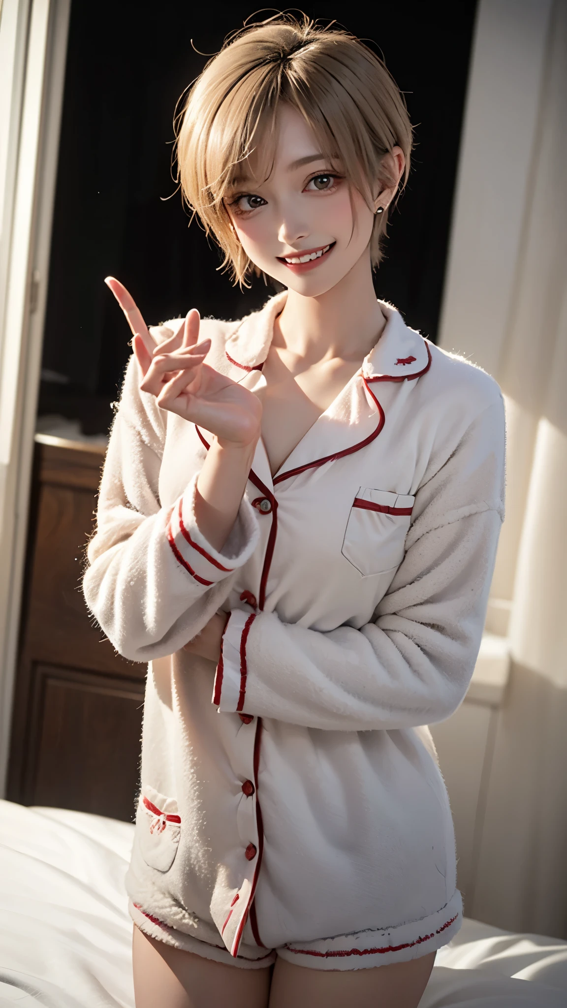 1 girl、alone、masterpiece,highest quality,High resolution,Very detailed, Earrings,Big cleavage、,
Cute pose、(((Grin))), (Cute little devil smile:1.2),
Blonde pixie short hair、
(((Accurate 5-finger)))、Accurate human body、The perfect human body、((Captivating smile ))、
(((super over size pajamas All of these pajamas are made from fluffy nylon wool fleece material.:1.8, zetai ryoiki, Mini shorts:1.3, Thick white horizontal stripes))),
(Love hotel bedroom:1.5), Dark Room、indoor、Detailed Background、