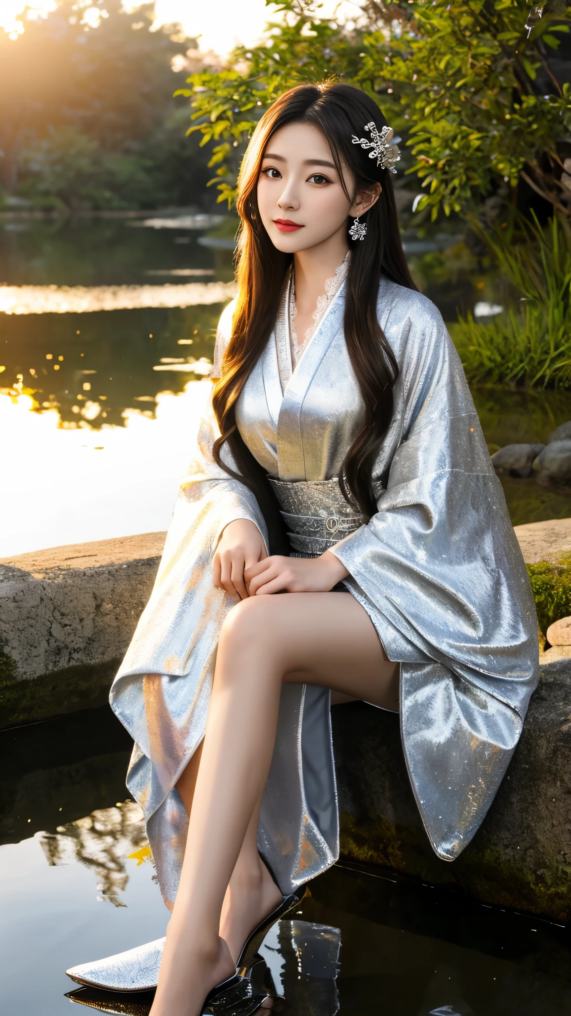 8K, UHD, masterpeiece,best quality, 1 girl, detailed face, detailed eyes, very long hair, long straight hair, small breasts, very detailed dress, kimono costume, silver costume, ((silver lace)), sardine, flowing sardine, jwellery, earring, ornaments, flower, evening, lake, water, sunset, depth of field, glowing light, god rays, reflection light, bloom, looking at viewer, sitting,