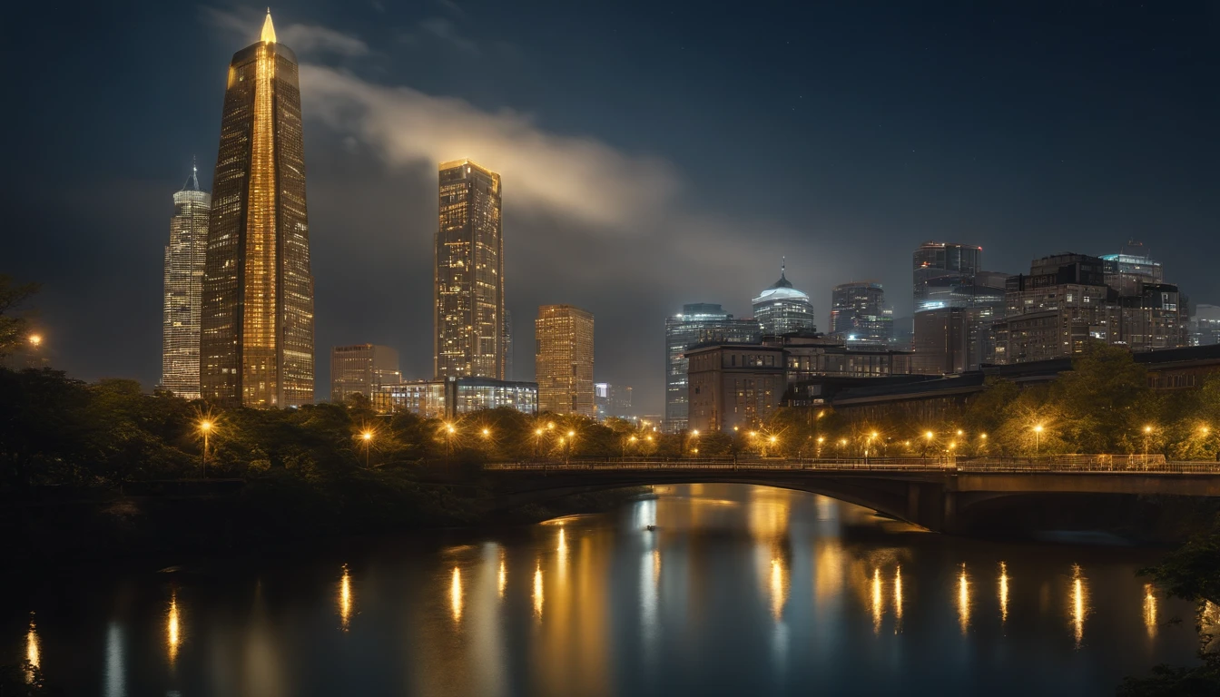 skyscraper、The starry sky over Amano River sparkles,Table coffee、8k、4k.high quality images、skyscraperのネオンが黄金色に輝く