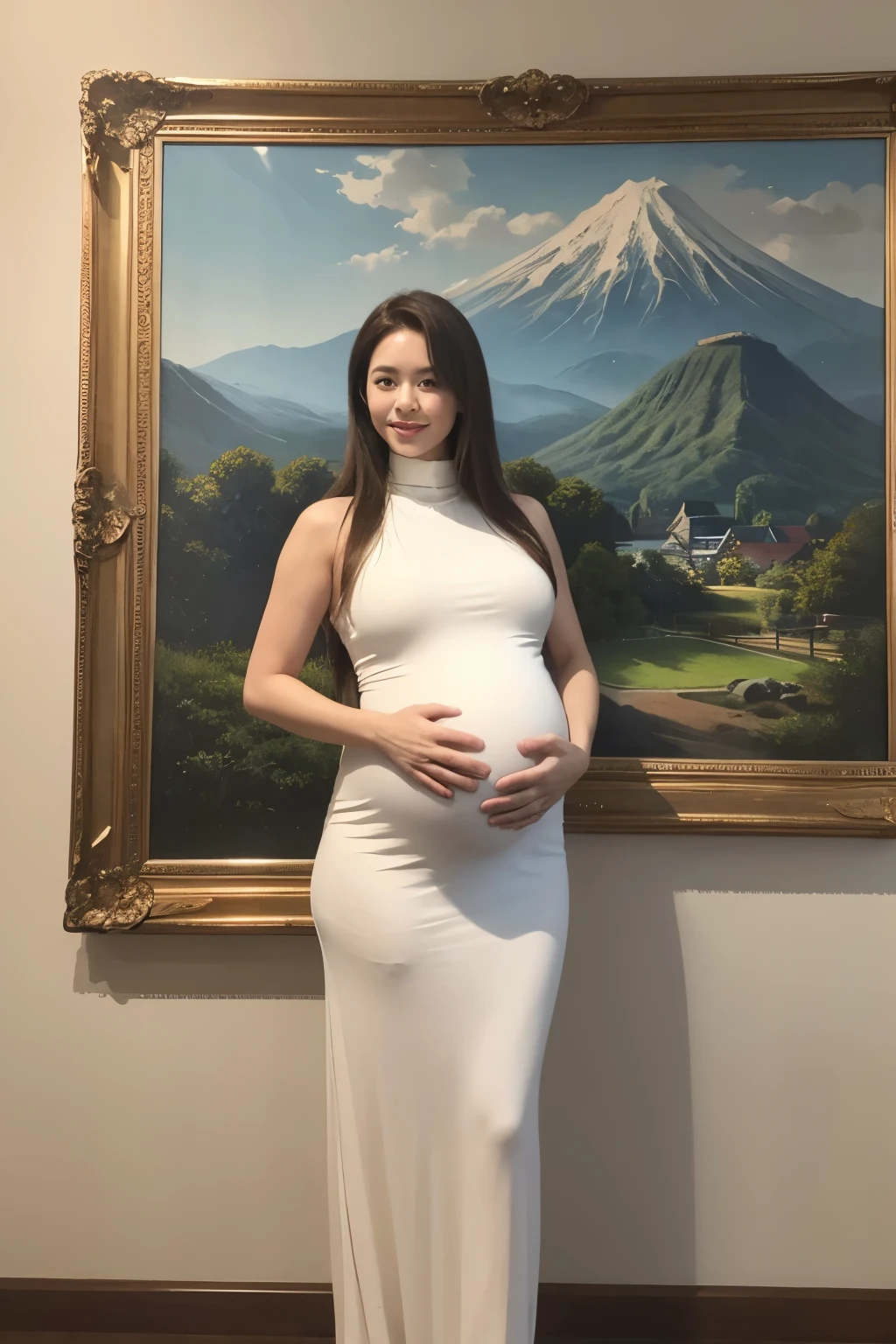 top-quality, 超A high resolution, (Photorealsitic:1.4), ​masterpiece, Kodak Portola 400, film grains,blurry backround,Indoors, Japan model posing in front of a painting,40 year old woman, sleeveless turtleneck, ((huge pregnant)),very very gigantic , (Brown medium hair:1.3), (Look at viewers), (full body Esbian), (a closeup),Stand in front of a painting,JINS,