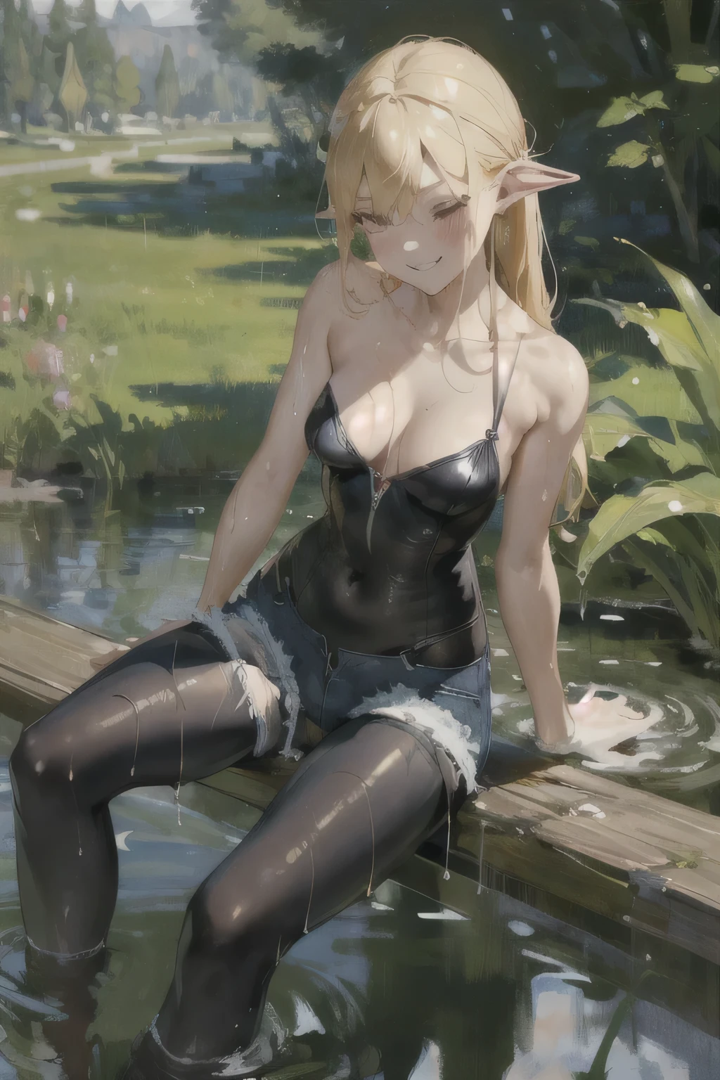 Girl Doll,Solitary,rest,The zipper is not closed,Blonde,elegant,Pointed ears,whole body,Chinese element pattern,thigh,Leaking thigh,full,camisole,short denim shorts,stocking,leggings,(Brushstrokes,Impressionism,painting,Rich scenery),Disheveled,Chest contour,(((Wet clothing))),(((Ultra-thin clothing))),((Flesh outline)),Grinning