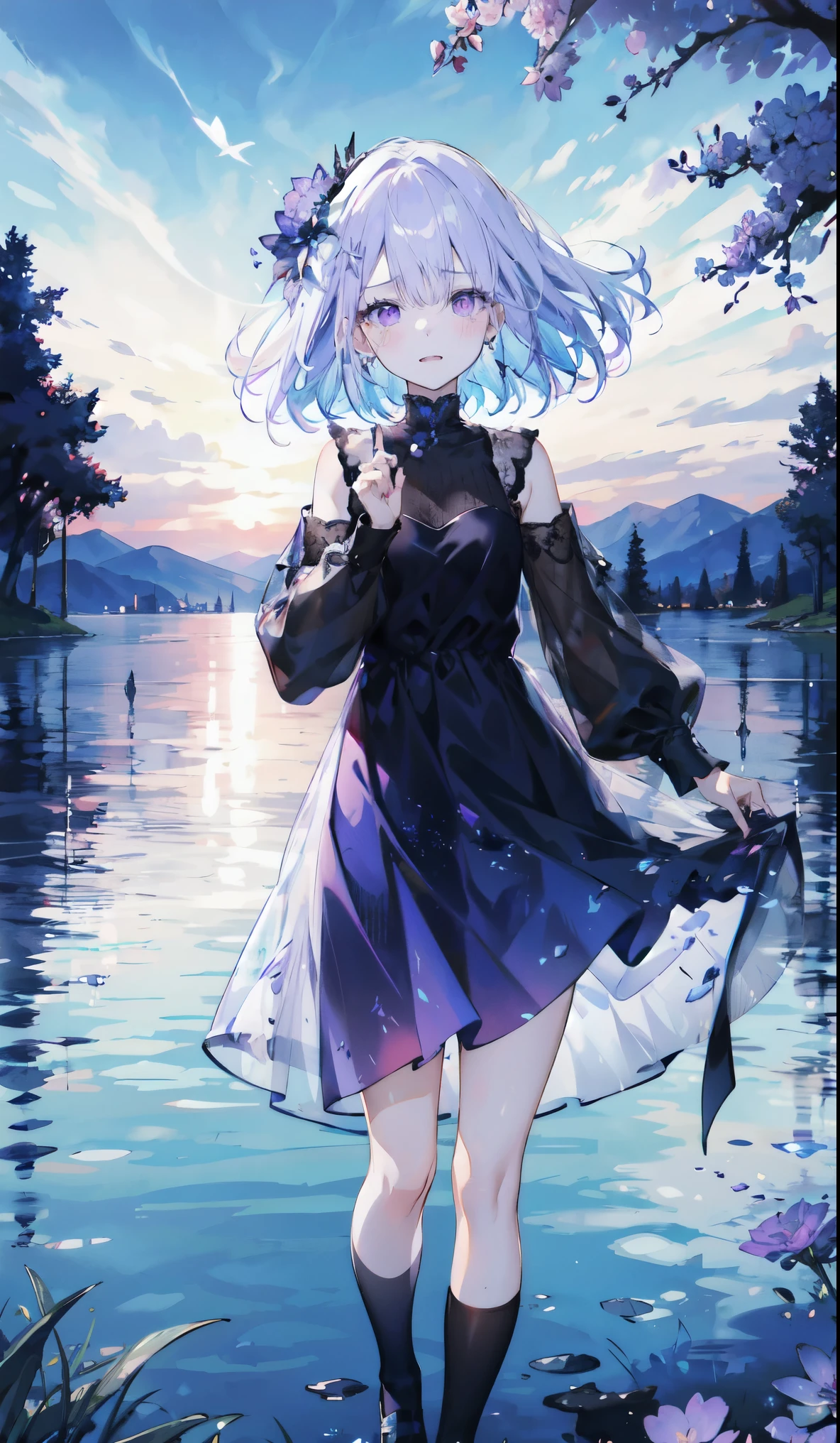 （（masterpiece：1.4，best quality）），（Super detailed），（Extremely detailed eyes），（Black leggings，Shiny socks：1.5），Hello Darkness
（Sexy girls），(28 year old girl)，（Blood-red pupils，Diamond-shaped pupil：1.15），Purple Eyeshadow，（Elongated hair，Thick hair，shiny hair：1.5）（Variza：1.2），Fair skin，despair，Grief，Empty eyes，Tears streaming down my face，tilt head to one side，Kneel down
（She wears blue armor，A blue dress，：1.5），Very long plush sleeves，White，White Cloud，Dream bubbles ，Ice and glitter effects
（Black long skirt：1.1），
（dawn：1.2），
（Intense black and white：1.16），（Depth of Field：1.4），，Intricate details，(Sky Castle，Standing on the lake，Purple flowers by the lake)