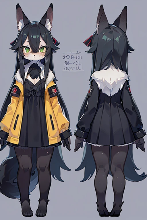( Absurdly , High quality , ultra detailed ) ,( hand detailed ) absurdres(highly detailed beautiful face and eyes)perfect anatomy, 1girl, solo, young (concept art, character sheet) (wolf fox) (10-year-old (female black wolf), (flat chest) (bright green eyes), ((black fur, extremely long black hair))) ((wolf girl yellow dress)) Fluffy anthropomorphic wolf fox, Fluffy wolf, wolf tail, Body fur, (detailed eyes) black wolf, yellow cute dress with ribbon, pure black fur, yellow dress, dark blue ribbon, short nose, short snout, cute face (concept art, character sheet) young girl kemono, knee length hair, adorable, cute shy posture, looking at viewer ((extremely detailed fur)) (extremely detailed eyes) calm (((concept art, character sheet, (multiple views)))) ((adventure clothing (cute dress))), bright green eyes, hair goes down to feet, extremely long hair