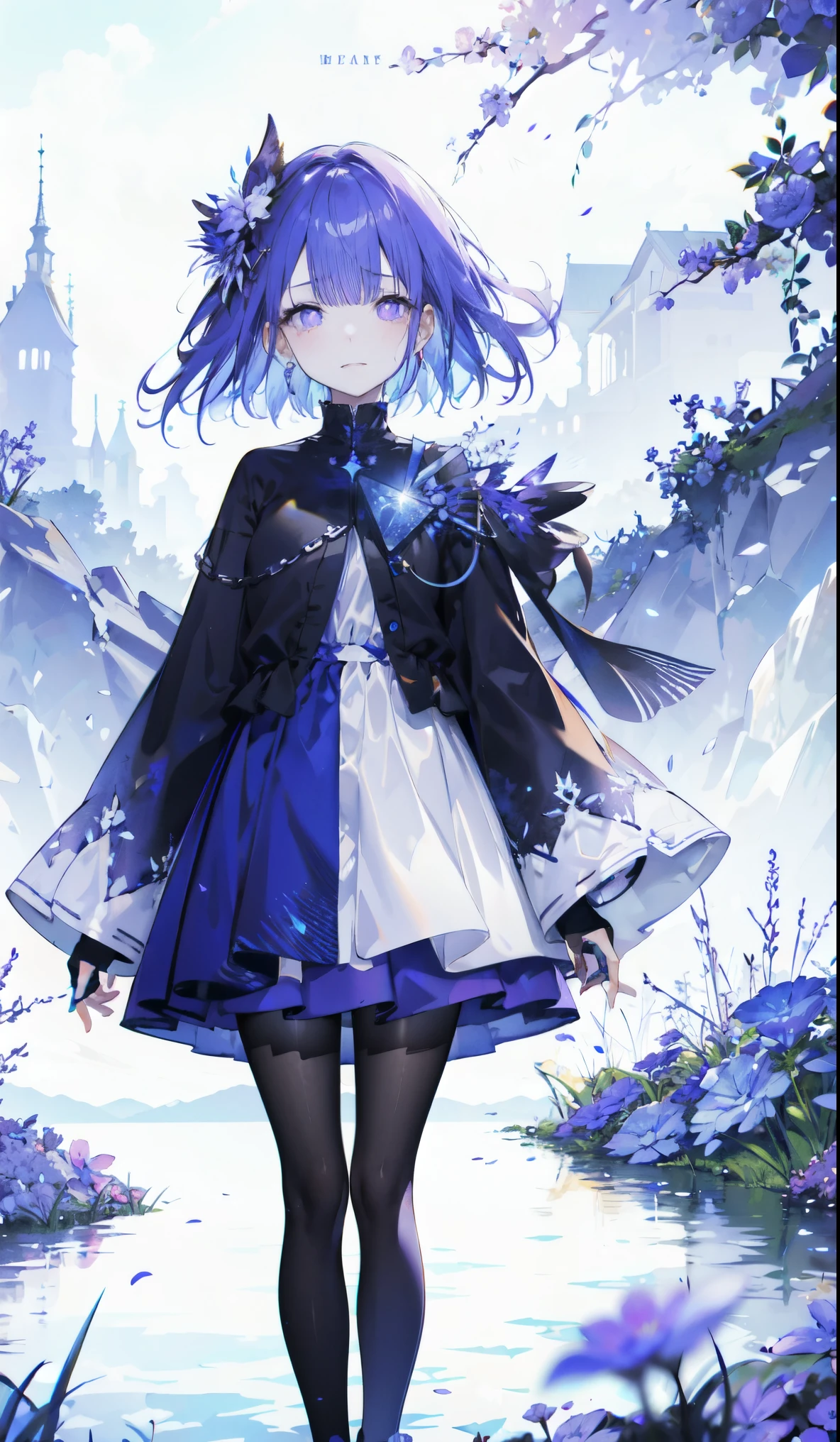 （（masterpiece：1.4，best quality）），（Super detailed），（Extremely detailed eyes），（Black leggings，Shiny socks：1.5），Hello Darkness
（Sexy girls），(28 year old girl)，（Blood-red pupils，Diamond-shaped pupil：1.15），Purple Eyeshadow，（Elongated hair，Thick hair，shiny hair：1.5）（Variza：1.2），Fair skin，despair，Grief，Empty eyes，Tears streaming down my face，tilt head to one side，Kneel down
（She wears blue armor，A blue dress，：1.5），Very long plush sleeves，White，White Cloud，Dream bubbles ，Ice and glitter effects
（Black long skirt：1.1），
（dawn：1.2），
（Intense black and white：1.16），（Depth of Field：1.4），，Intricate details，(Sky Castle，Standing on the lake，Purple flowers by the lake)