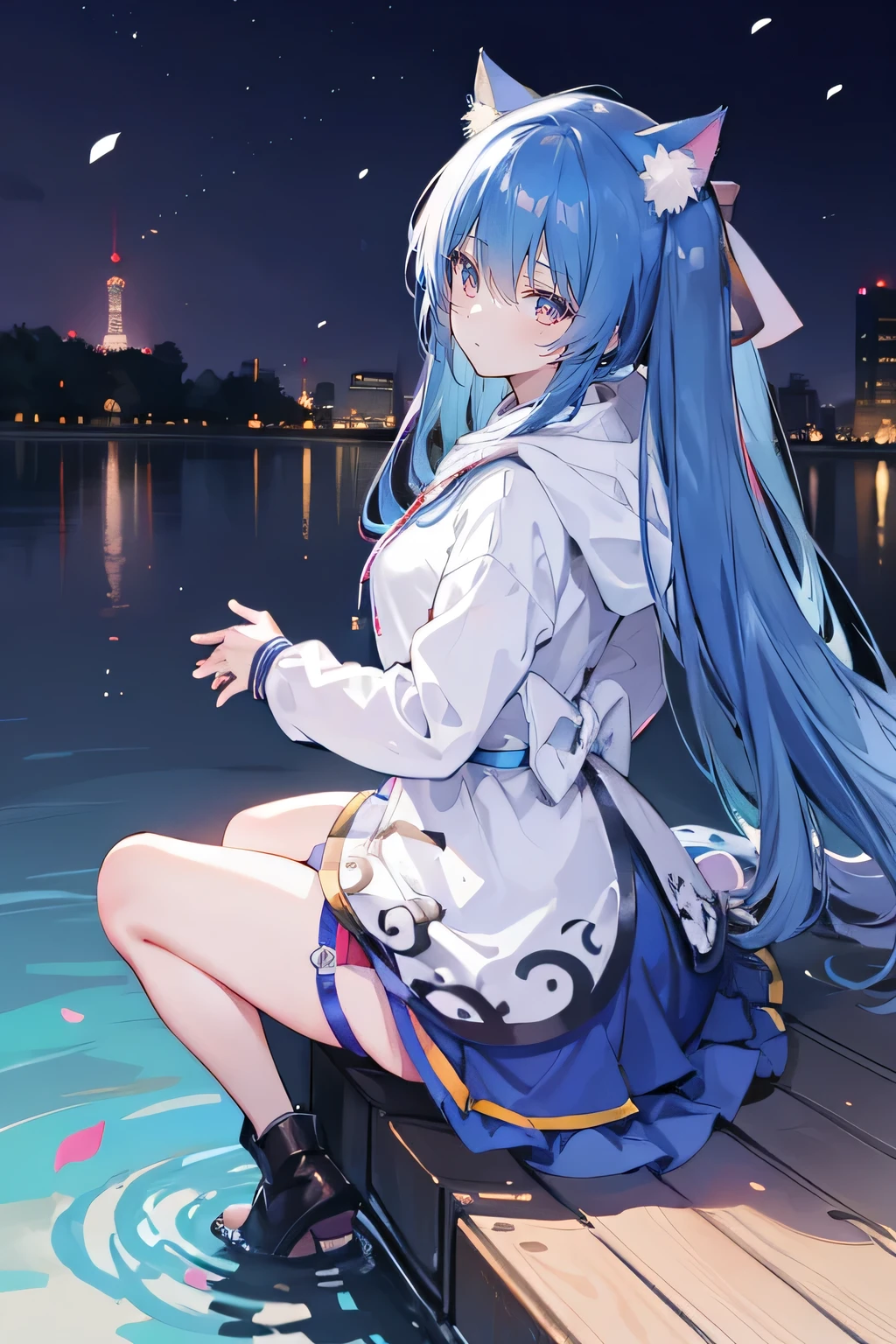 (masterpiece:1.2),Super detailed,lifelike,Expressive eyes,fair skin,perfect face shape,1 girl,
Japanese comics,Gorgeous blue hair,flowing blue hair,flowing clothes,Cat ears,Petals fall,beautiful lola,Baby Angel,
Shaking head with one hand,Cross your legs,Gentle and peaceful background,The pavilion is cool and comfortable,smile, wearing hoodie, background of tokyo,back views,snowing, winter,lie on the water.