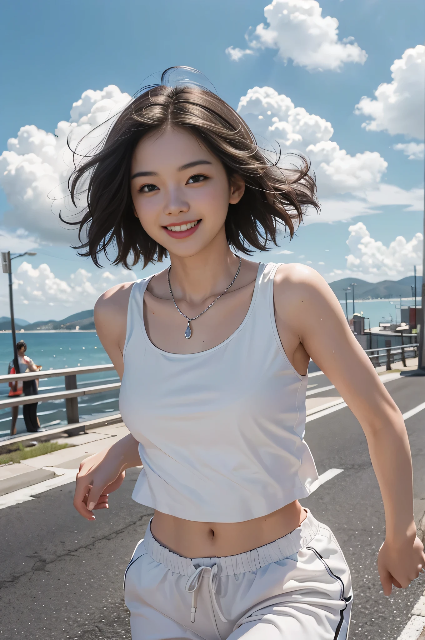 highest quality, Ultra-high resolution, masterpiece, Realistic: 1.8), pore, Accuracy, West Coast、 Tall and wide, White clouds overhead,  Ample breasts、Tank top、Running pants、Silver Necklace、running、run、Sweat、be running、Pale Light, young woman, short hair、Smiling eyes、smile, Laugh out loud with your mouth open、White teeth、 Detailed Description, 23 years old、 cute,