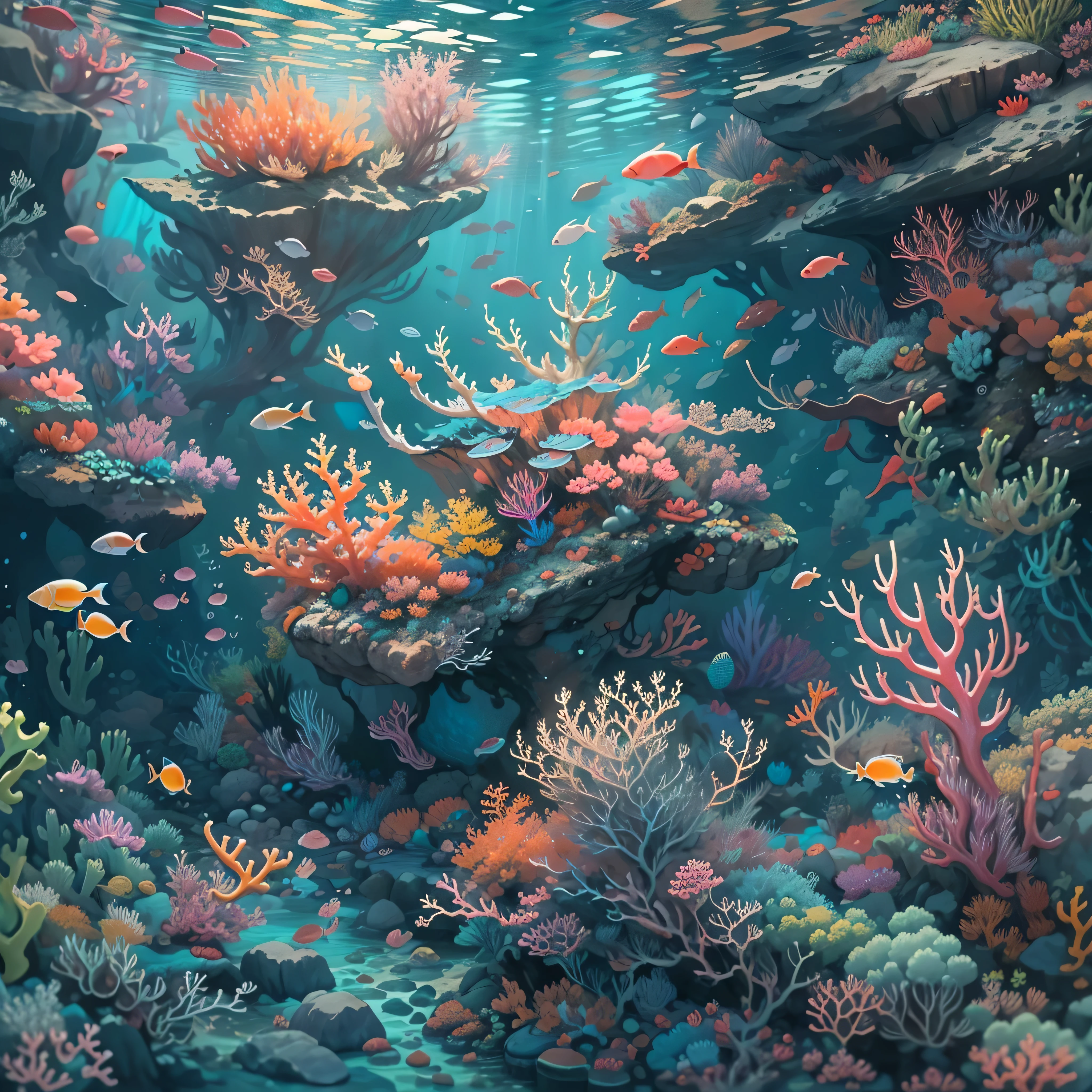Conceptual Art of Marine Life, Undersea scenery, Marine life，Beautiful coral reefs come in many shapes, 。.3D，, Fish, Women Animated Fantasy Illustration. Long gray hair scattered in the sea, drift, Very harmonious. The whole painting adopts a messy and imaginative painting style. the color is bright and saturated, And with smooth lines. The mystery and beauty of the sea, This picture is、It depicts an underwater world full of vitality and vitality, Animation Art Wallpapers 8K