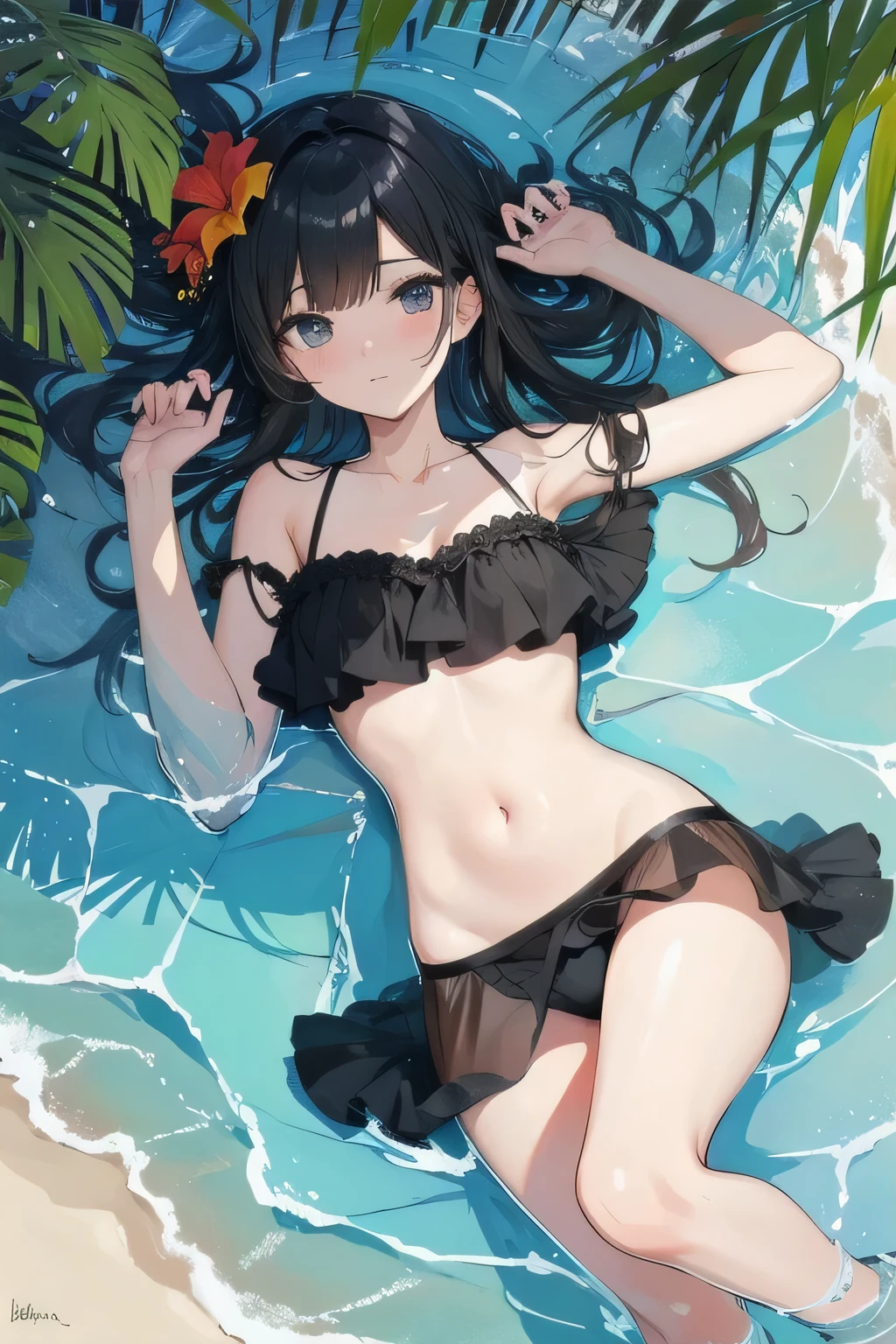 Black Hair, Black ruffled bikini, Small breasts, Top view, Lying down, Cool look, Tropical flowers, Shallow sandy beach