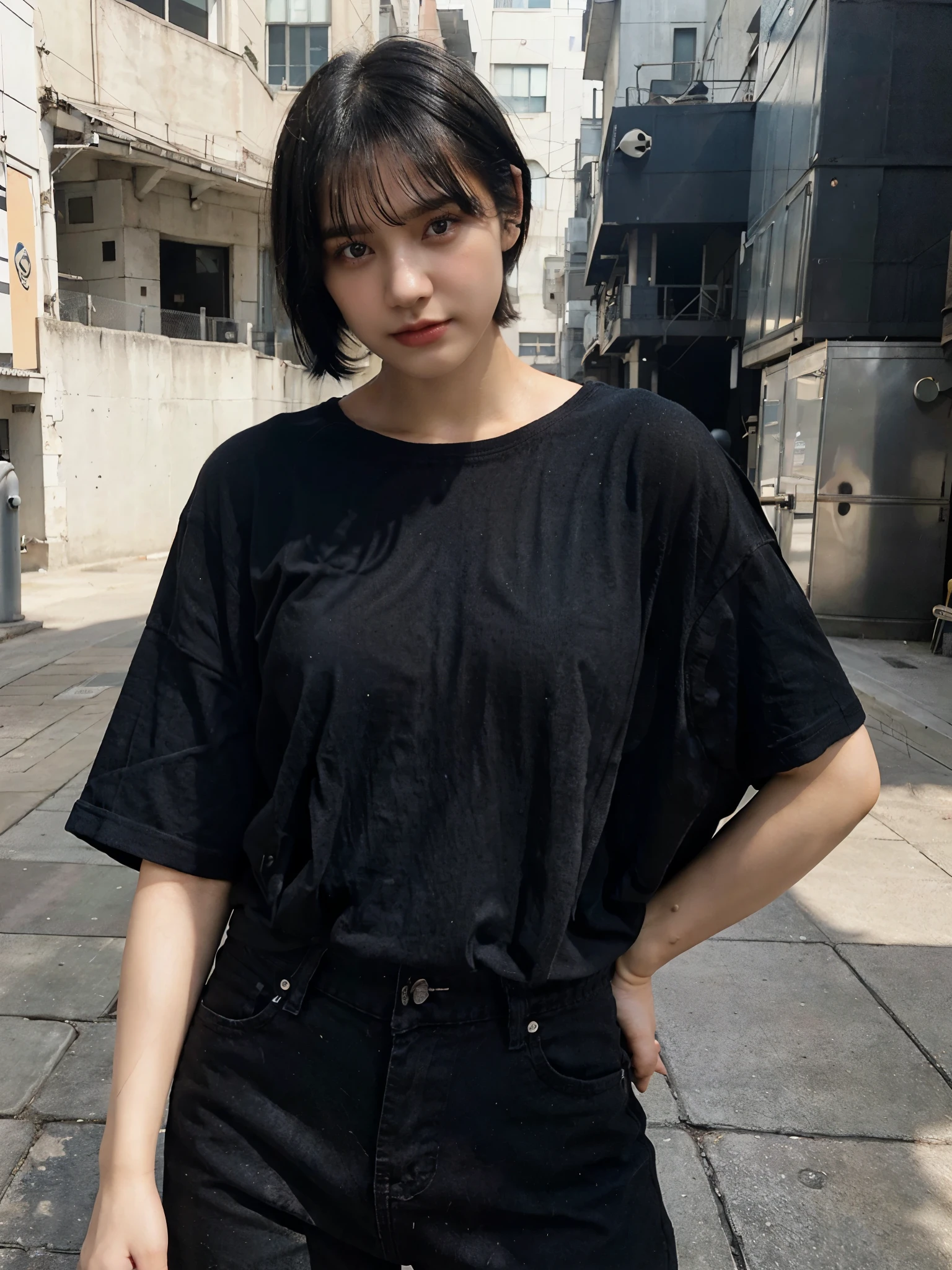 1 girl, short pixie cut black hair, black eyes, plain oversize T-shirt, denim pants, standing and posing for a photographer, 8k, ultrasharp, high resolution.